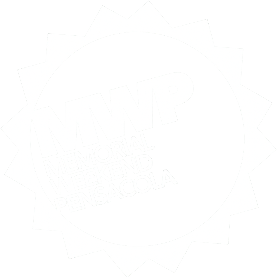 A black circular badge with white text that reads "MIMP Memorial Weekend Pensacola" inside a sunburst pattern with white rays.
