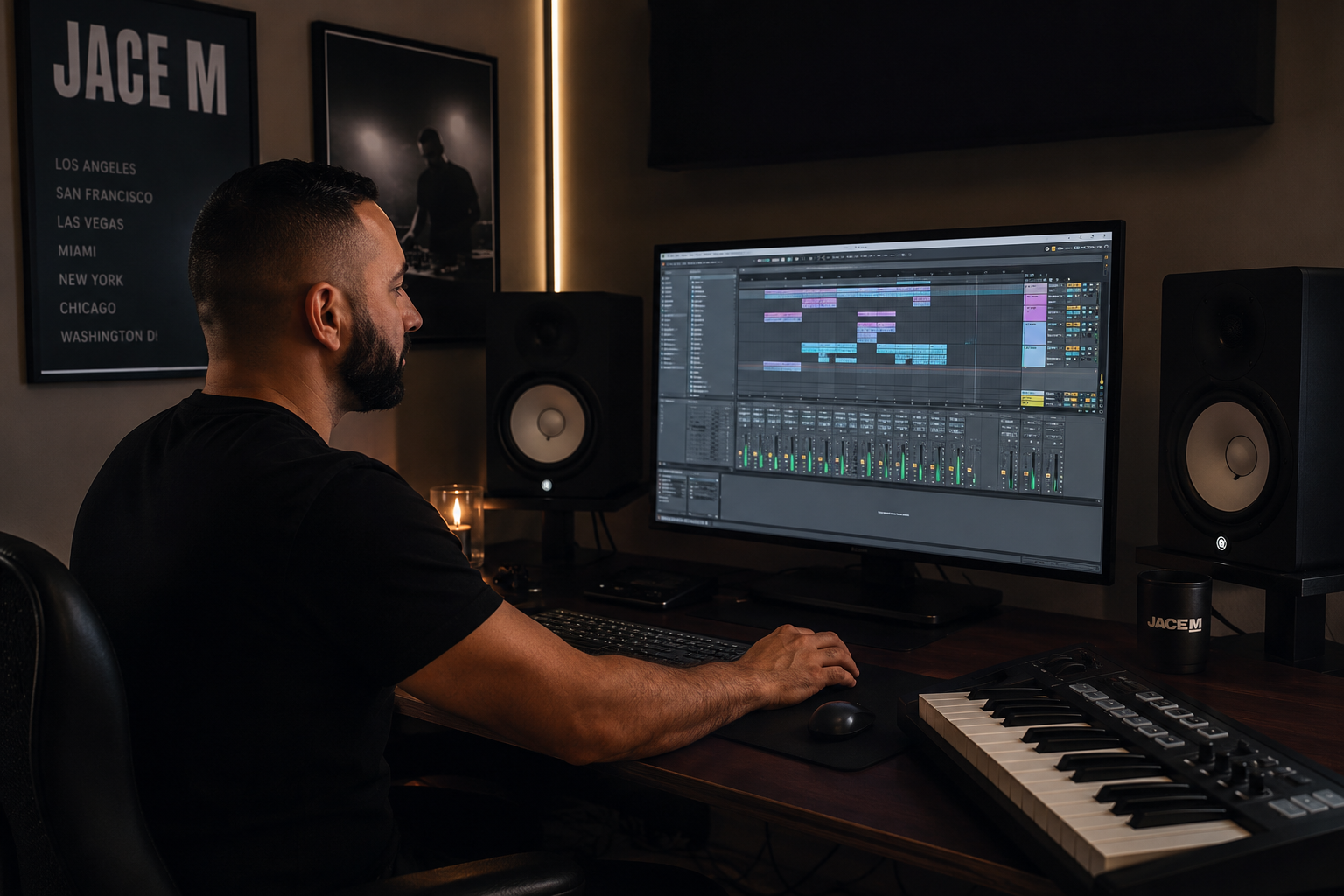 A man working on music production using a computer with digital audio workstation software, with studio speakers, a MIDI keyboard, and posters on the wall.