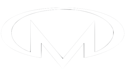 A black background with a white oval logo containing a stylized letter M in the center.