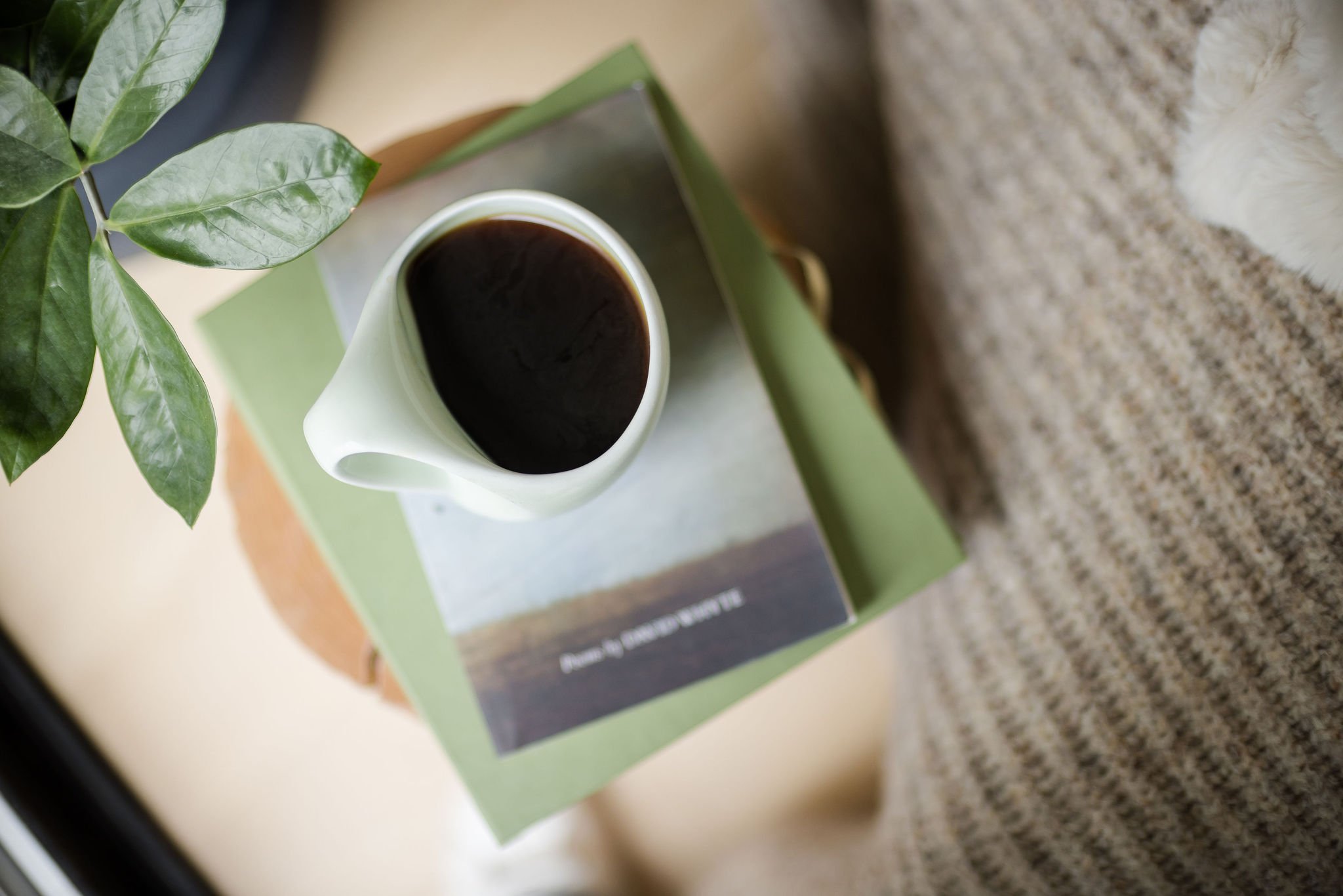 Top view of a white coffee mug filled with black coffee, placed on a green box on a speckled countertop. A green leafy plant is partially visible in the upper left corner.