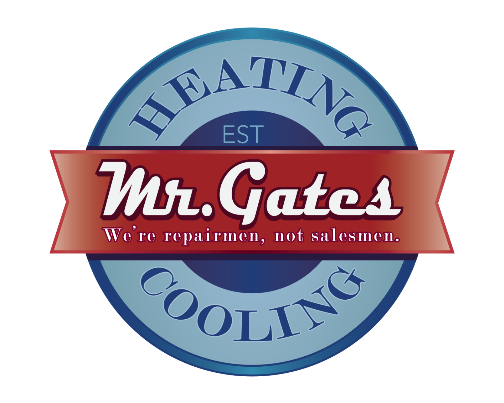 A circular logo with a blue and red color scheme. The outer ring says 'Heating' and 'Cooling' with 'EST' in the center. A red banner across the middle reads 'Mr. Gates' in white cursive font. Below that, in smaller text, says 'We're repairmen, not salesmen.'