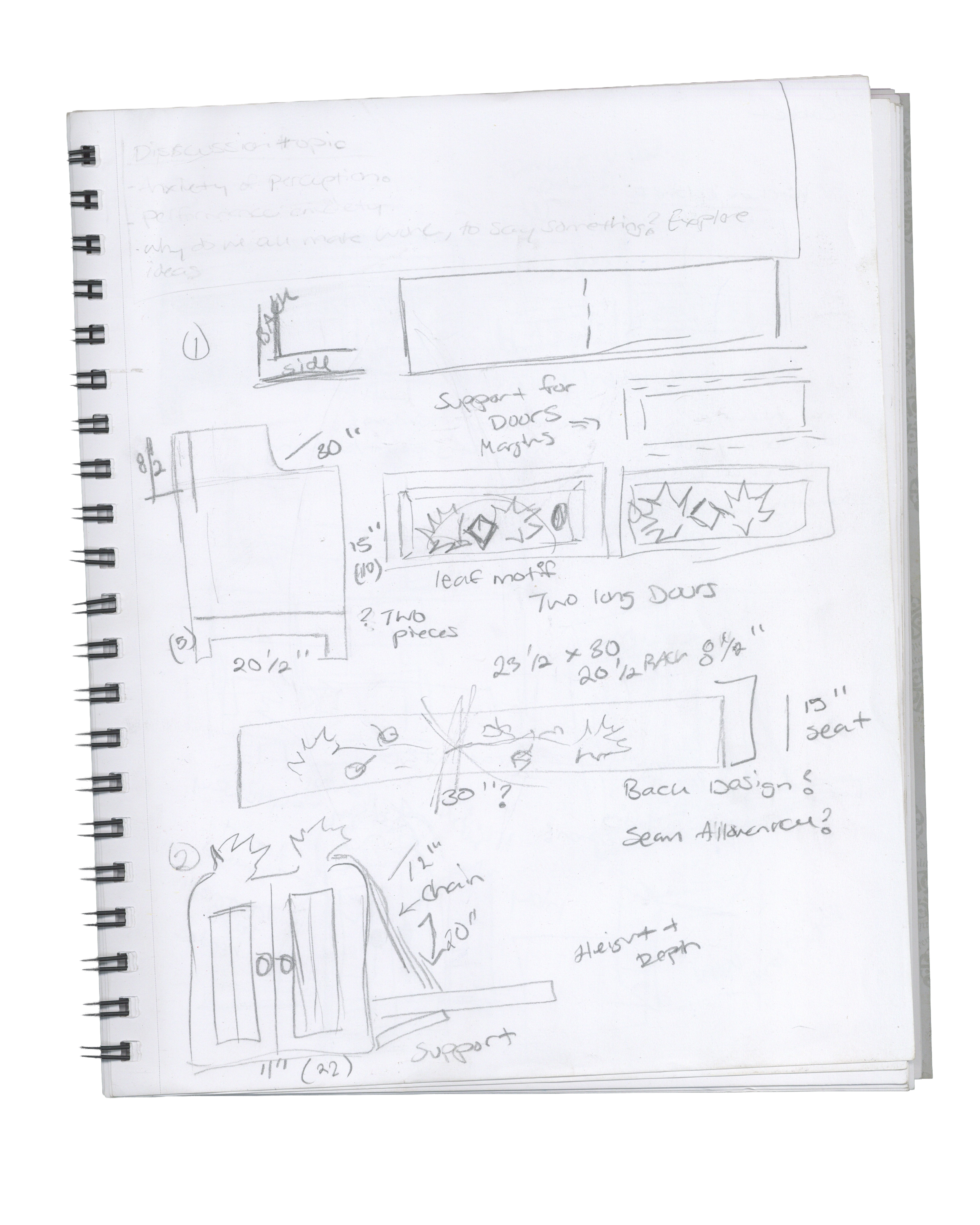 Handwritten sketch and notes on a spiral notebook page, including diagrams, measurements, and annotations about support for furniture. 