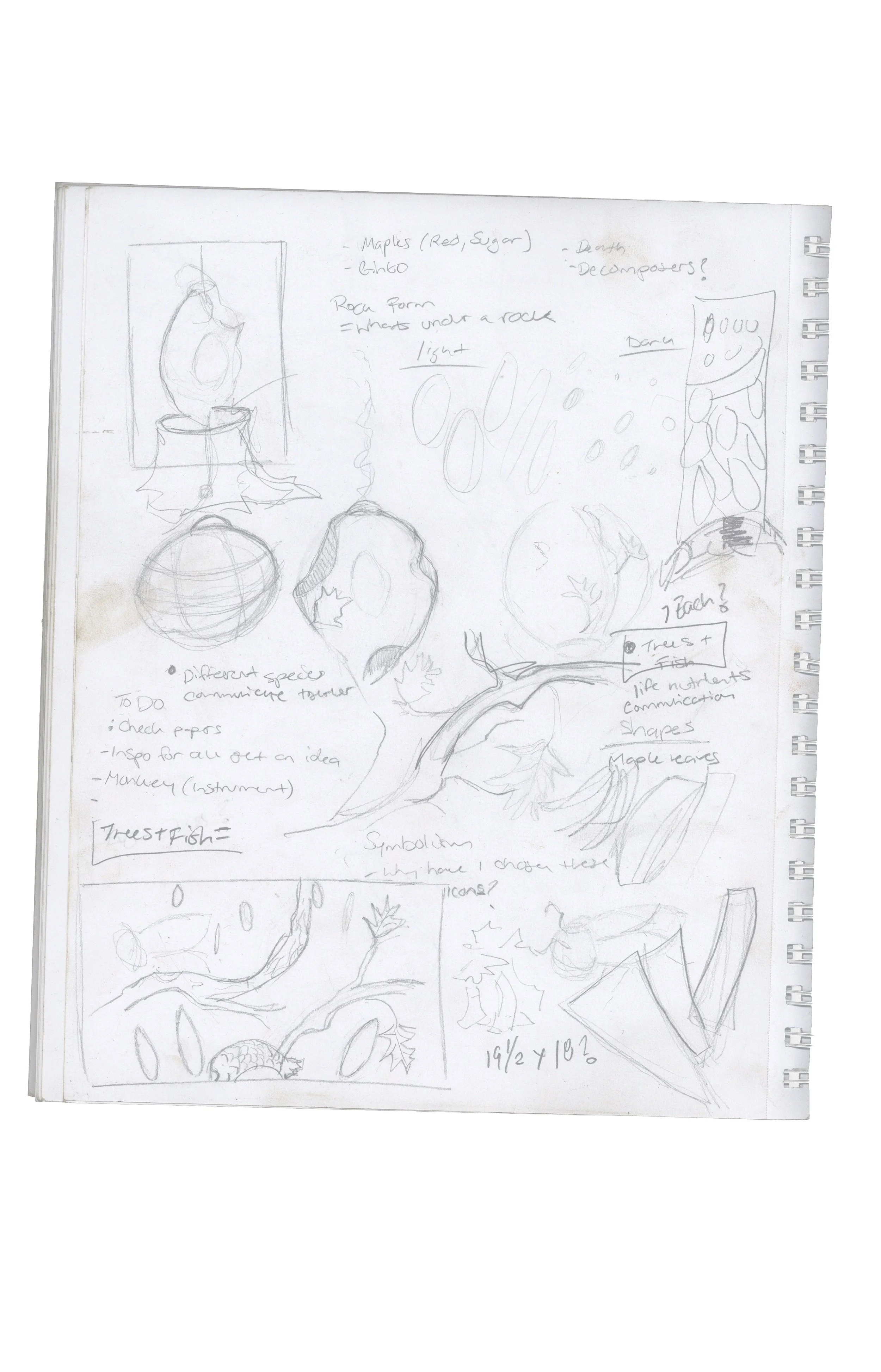 Sketch of various nature-inspired symbols including a fish, leaves, trees, and water, with notes about maple trees, rock formations, and symbolic elements for communication and nature.