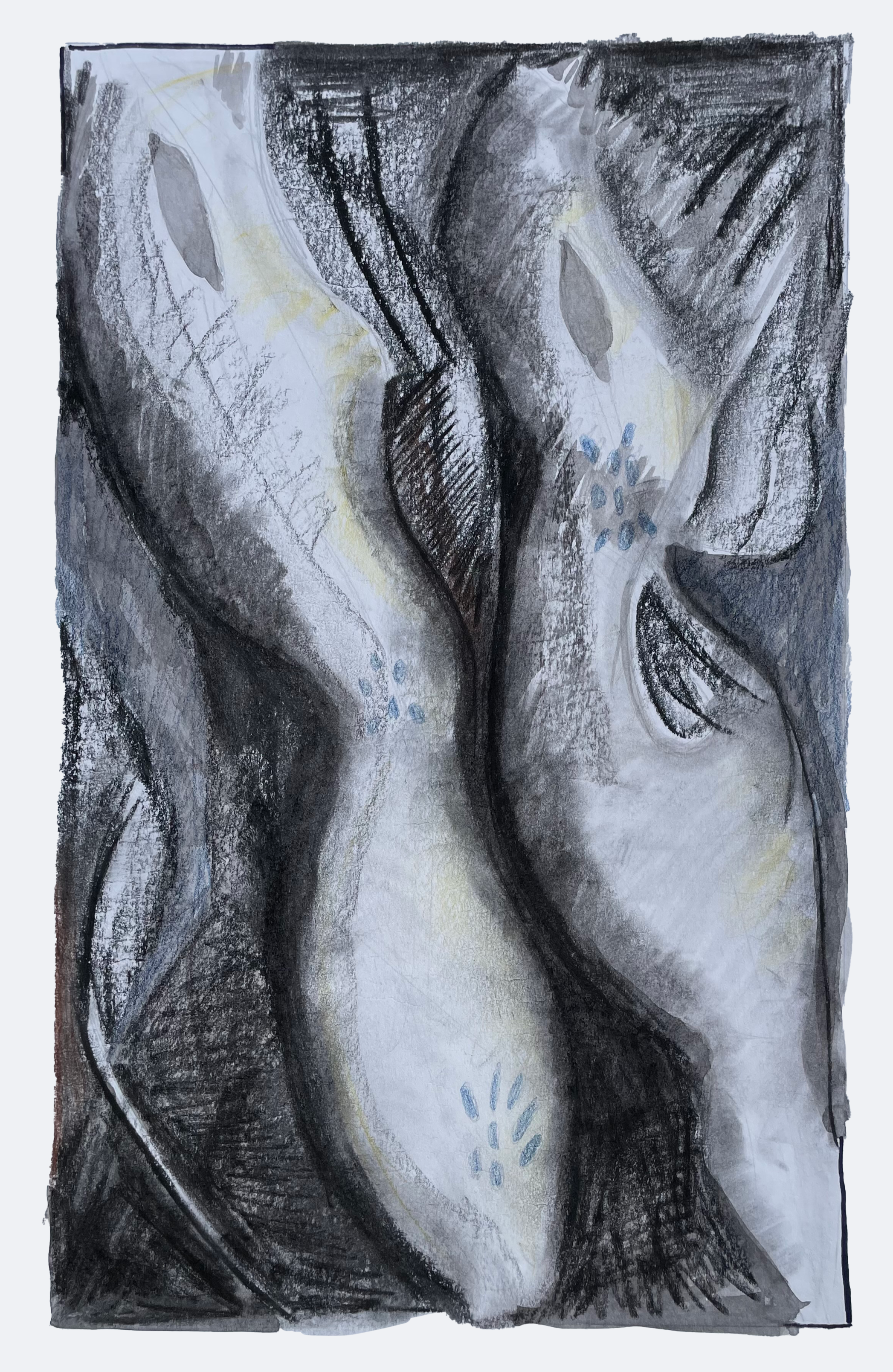 Abstract mixed media drawing of two candles with shaded areas and small blue details.