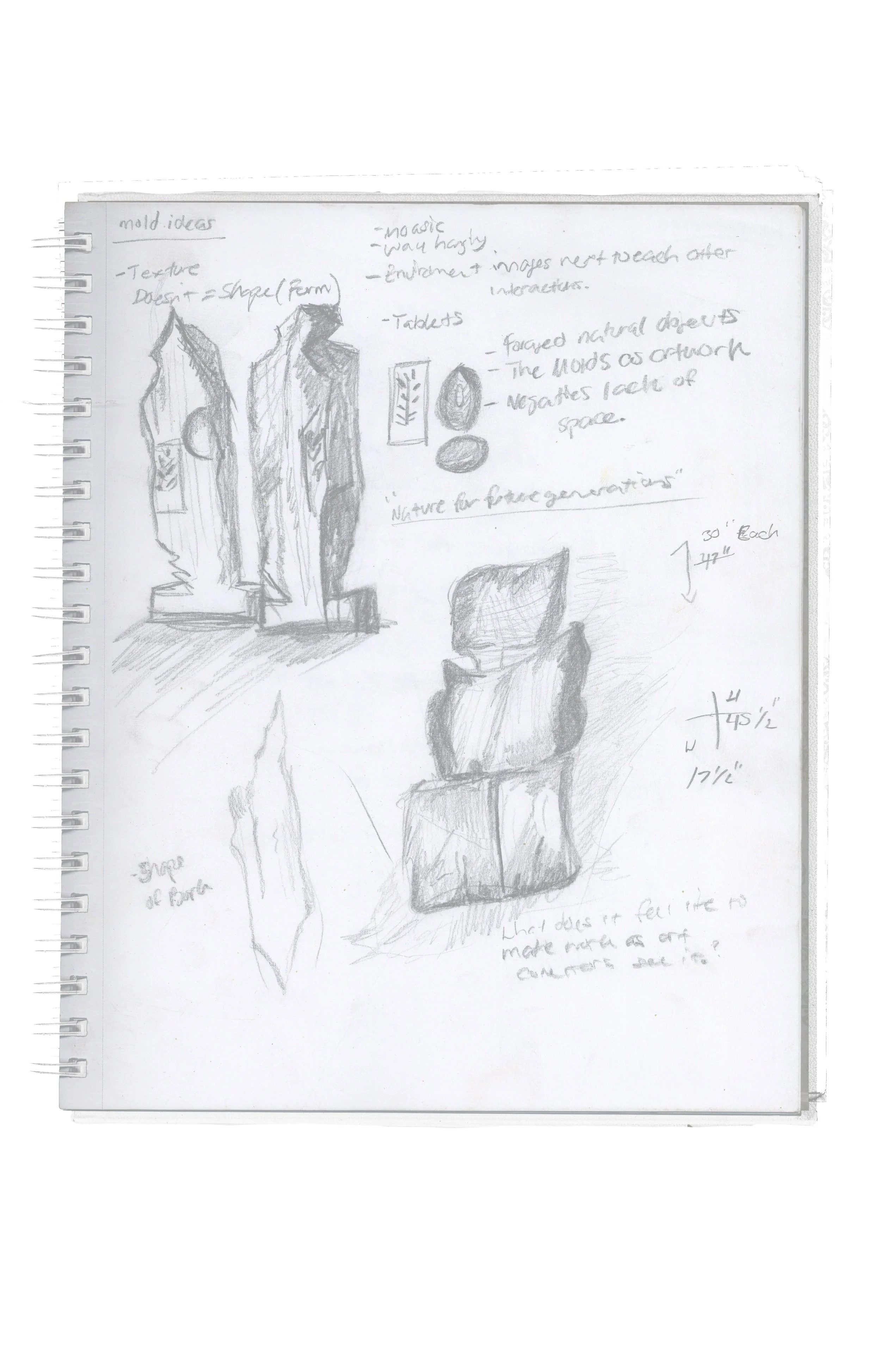 Sketch of two stone tablets with texture, with notes about organic material and dimensions on a notebook page.