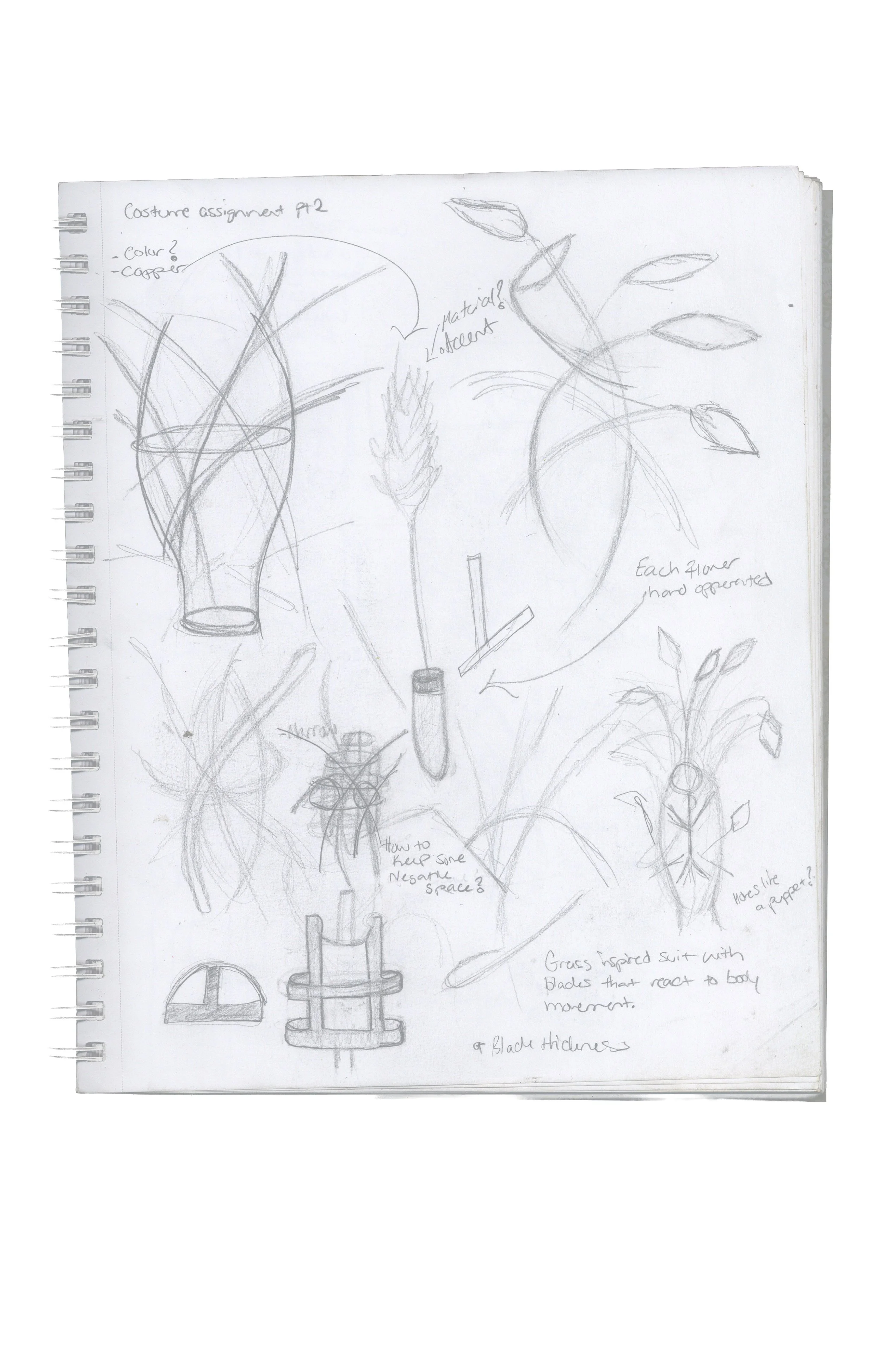 Sketches and notes on costume and set design, including plant-like costumes with branches, leaves, and technical details for movement and durability.
