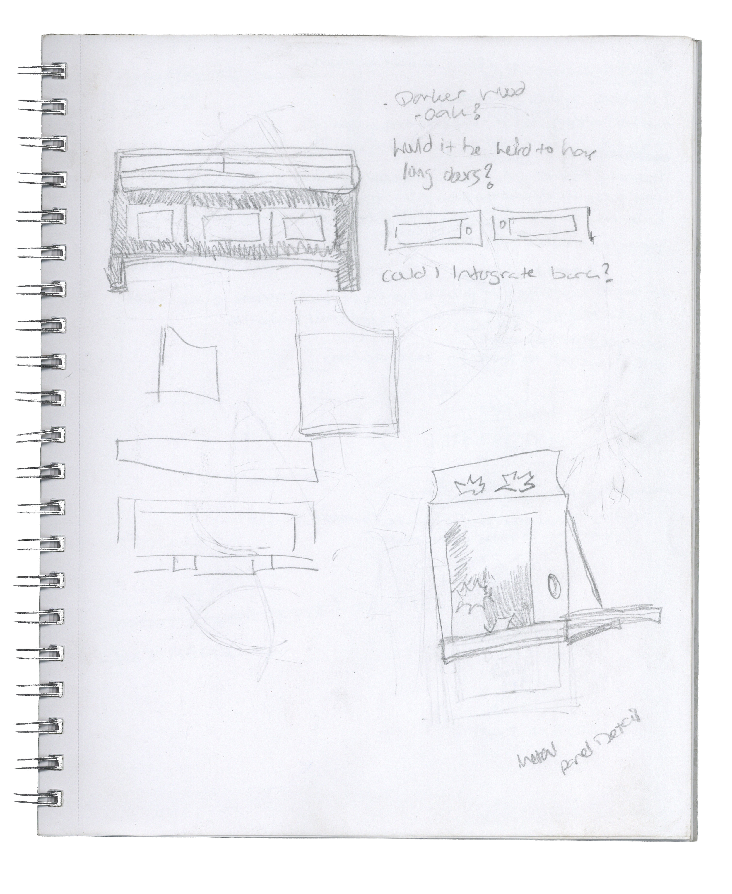 Hand-drawn sketches of furniture and interior design ideas on a notebook page, including a bench, a wall shelf, and notes about mood and dimensions.