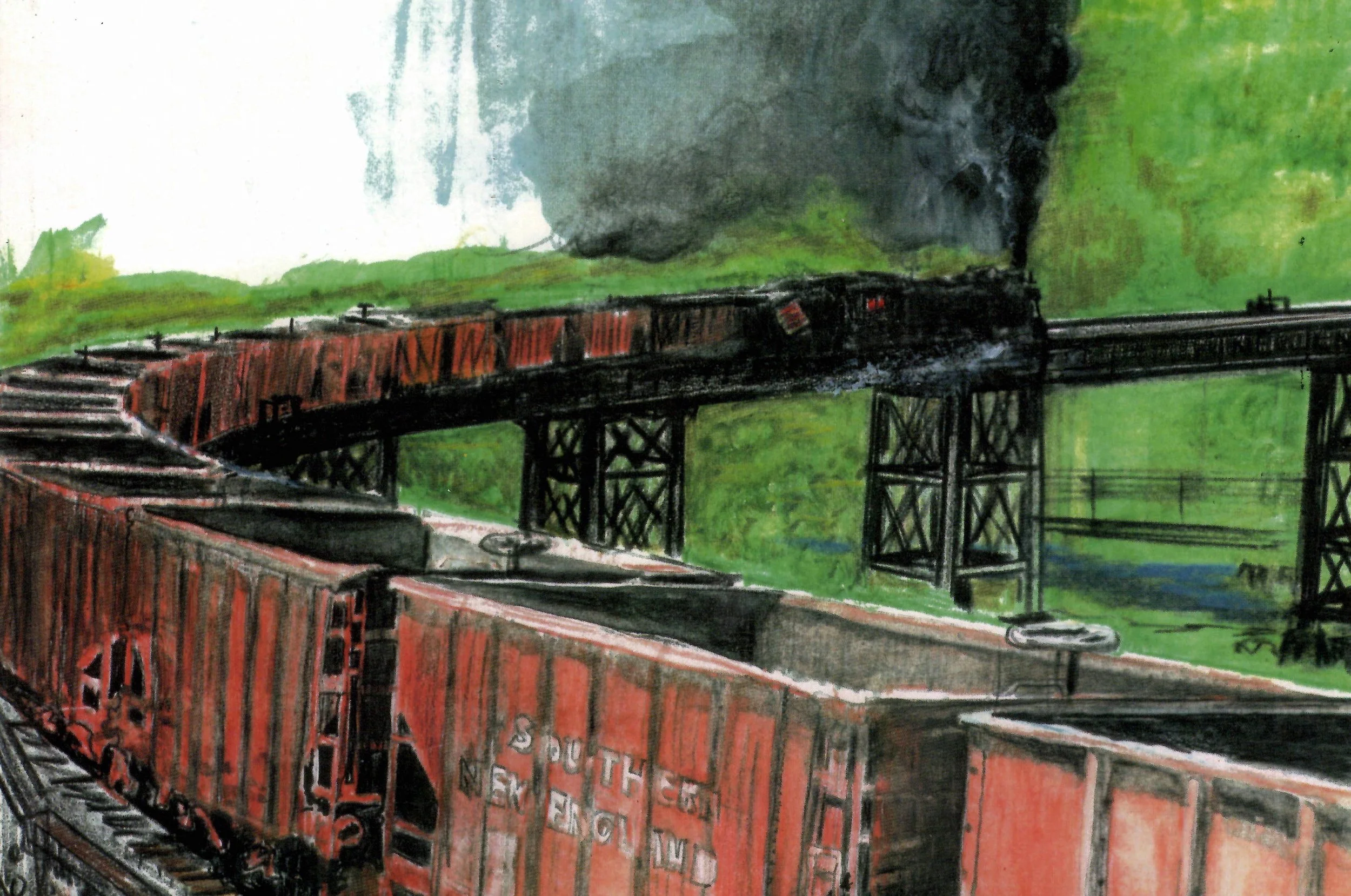 Part of the cover art from The Titanic Railroad by Larry Lowenthal: Frederick E. Johansson's artistic rendering of an imagined Southern New England Railroad freight train if the planned trestle had been completed.
