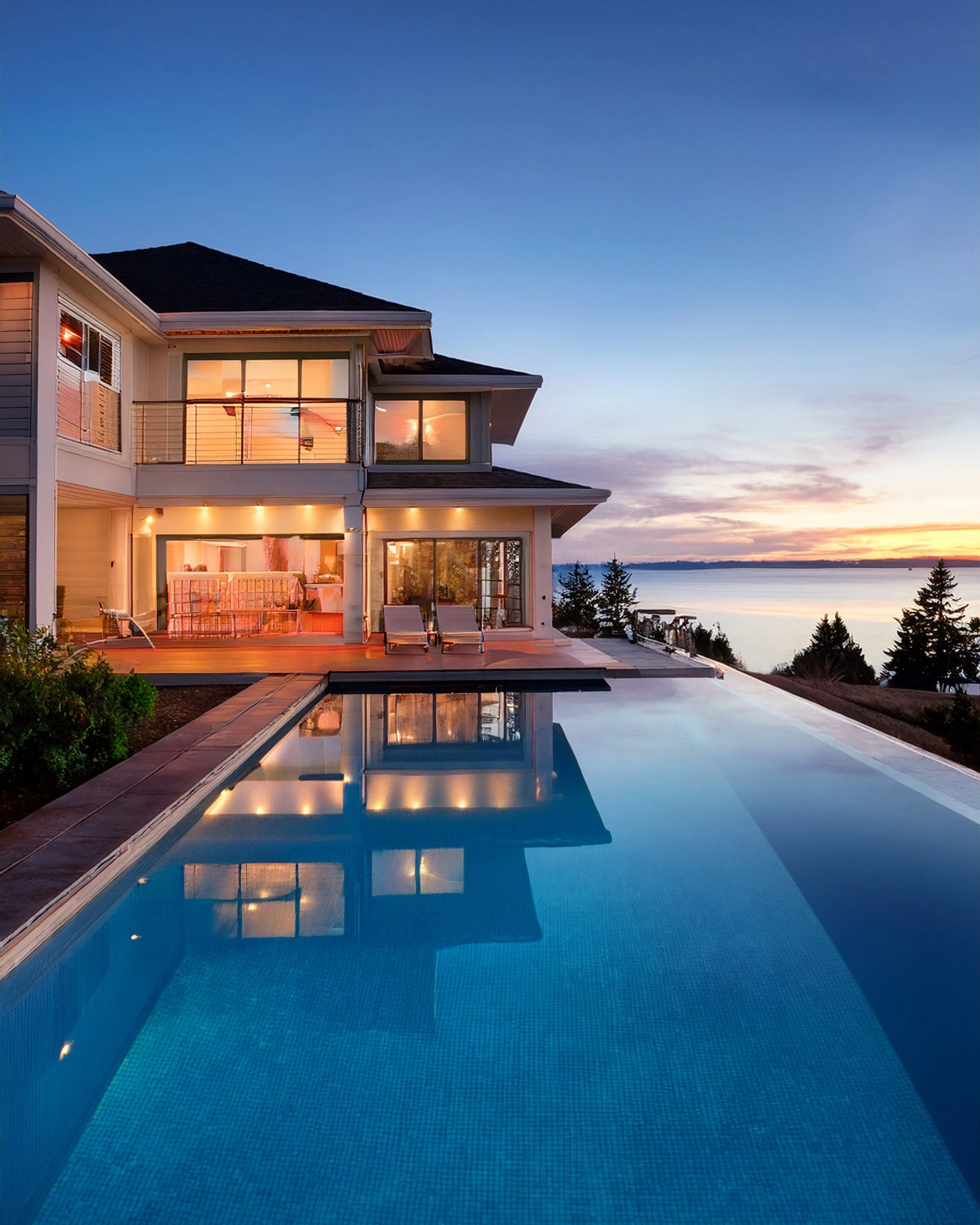 A modern house with large glass windows and a balcony overlooking a body of water. The house is lit from inside and has a pool in the foreground reflecting the house and sunset sky.