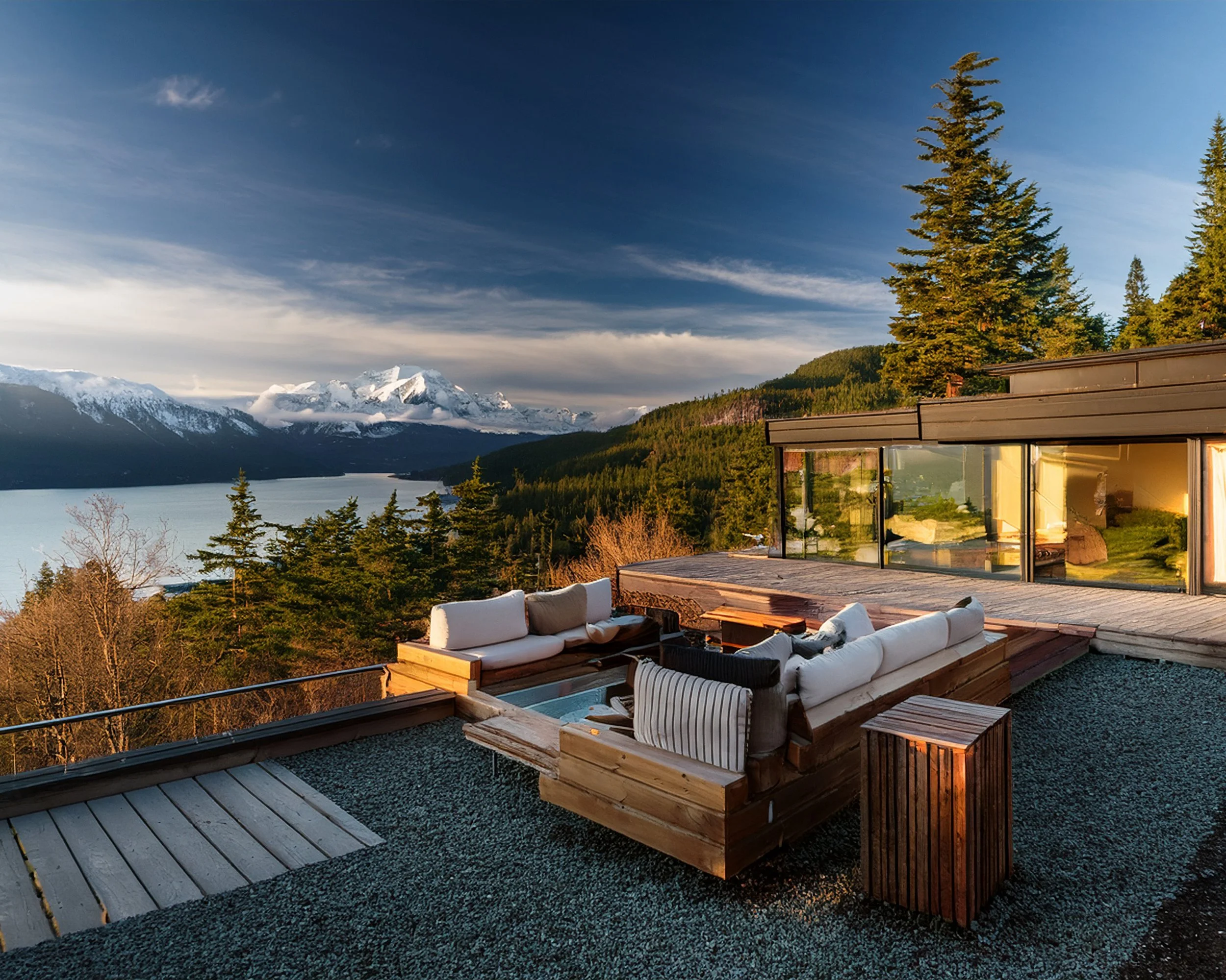 A modern outdoor patio with white cushioned seating and a wooden table, overlooking a scenic view of mountains with snow and a tranquil lake, surrounded by trees under a partly cloudy sky.
