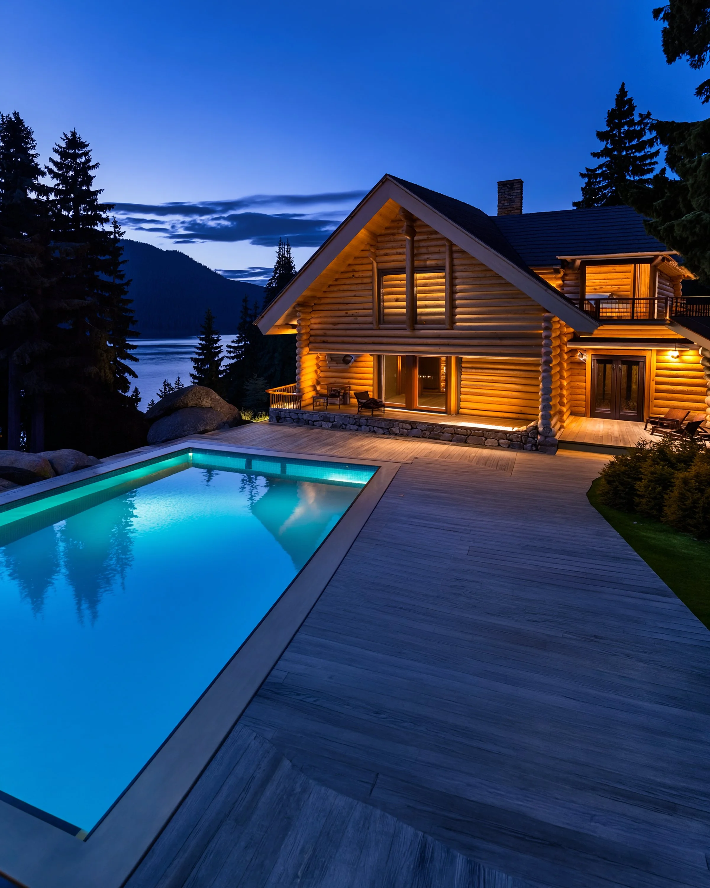A log cabin house with a deck and large windows, lit from inside, situated by a lake surrounded by trees and mountains during twilight.