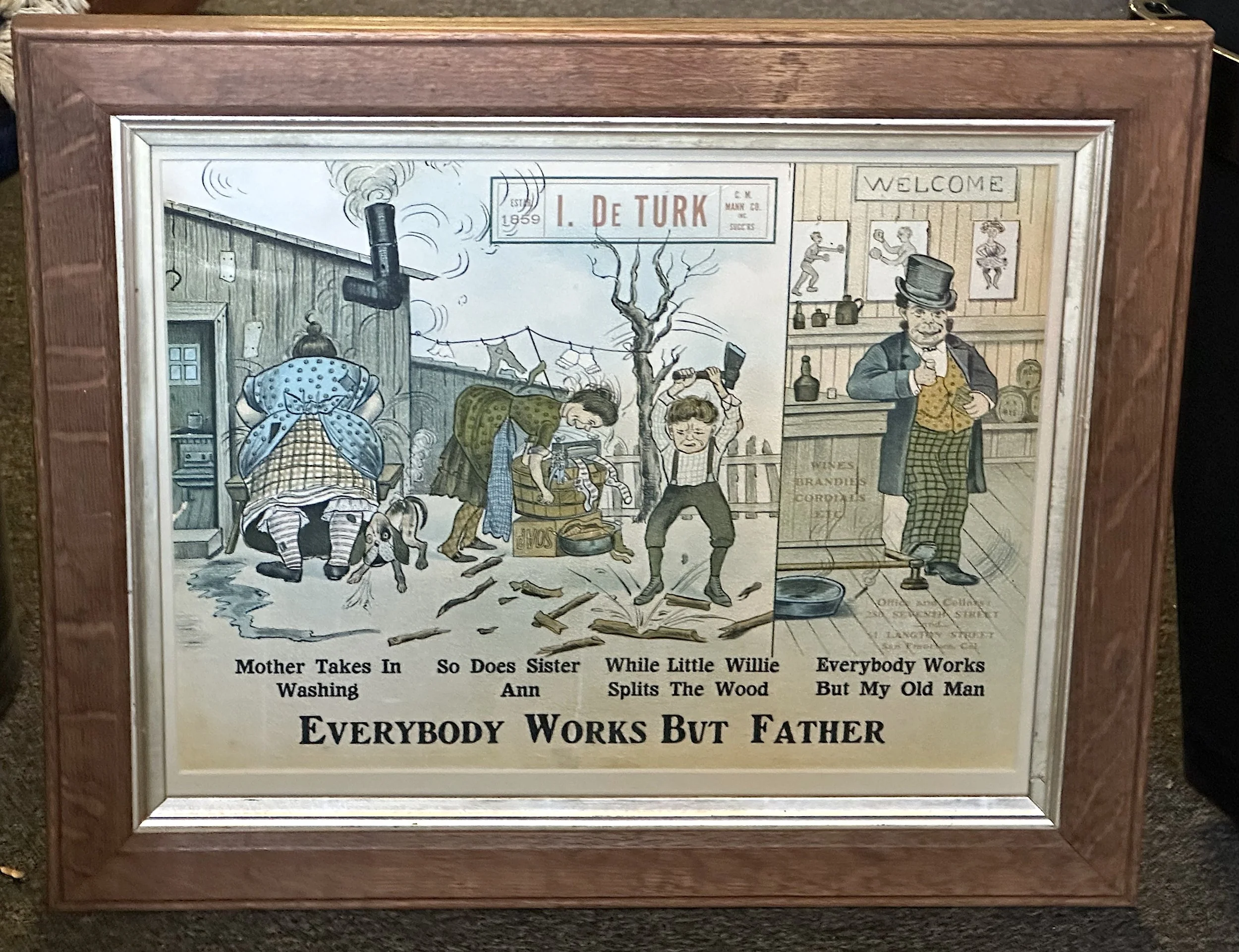 A lithograph print of three family members working and a man enjoying a glass of wine.