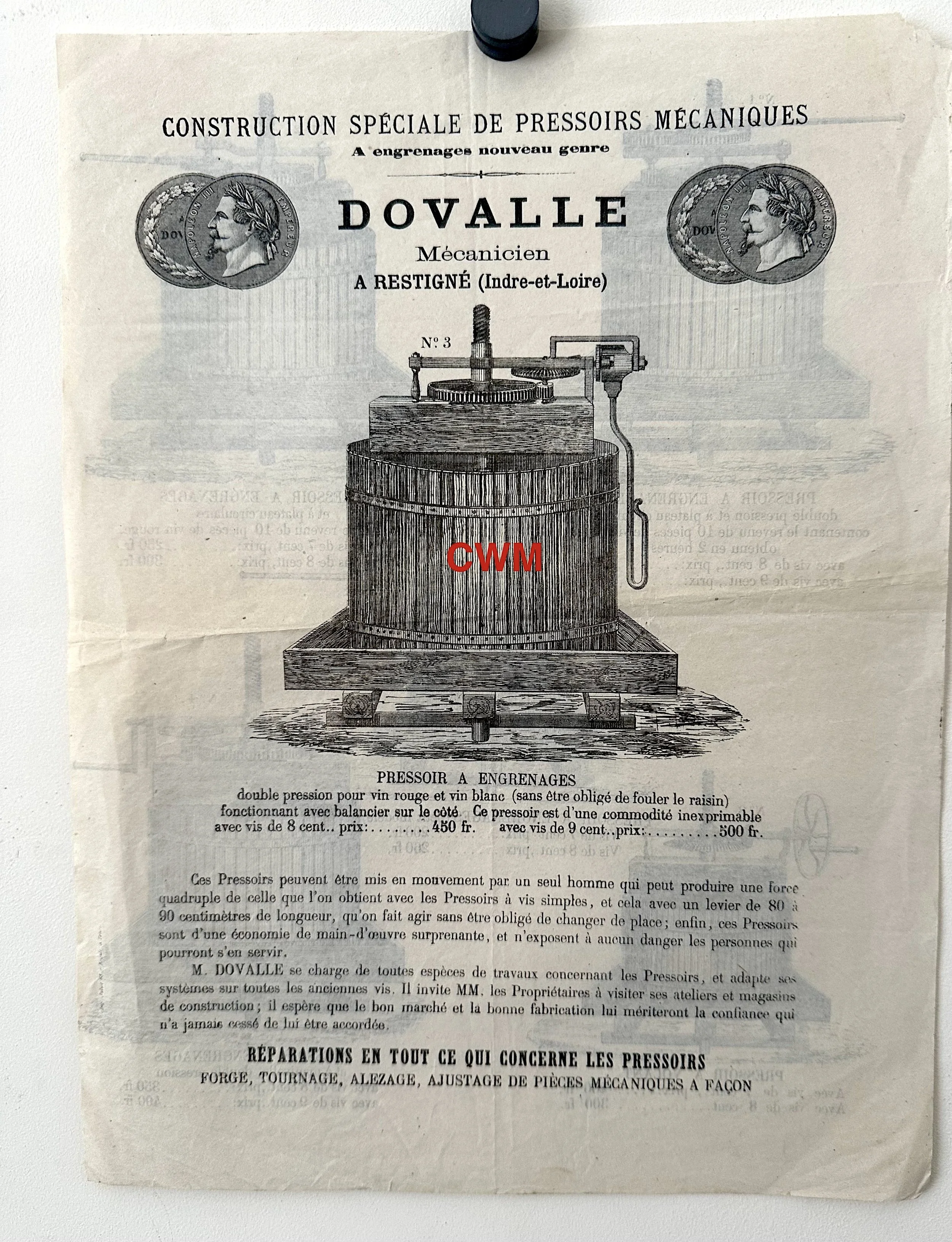 An advertising page for the sale of a wine press .