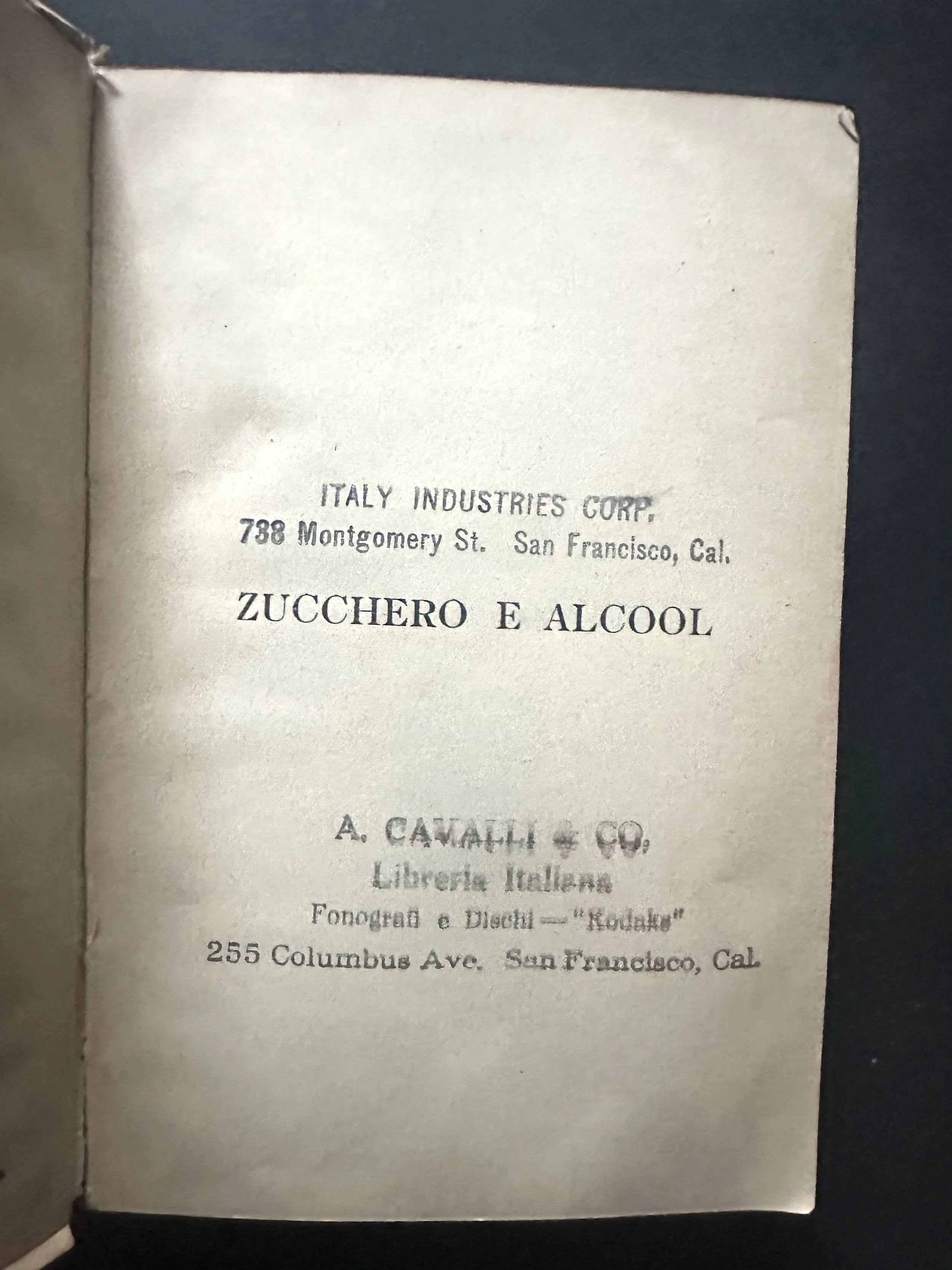 The title page of an old book titled Zucchero e Alcool.