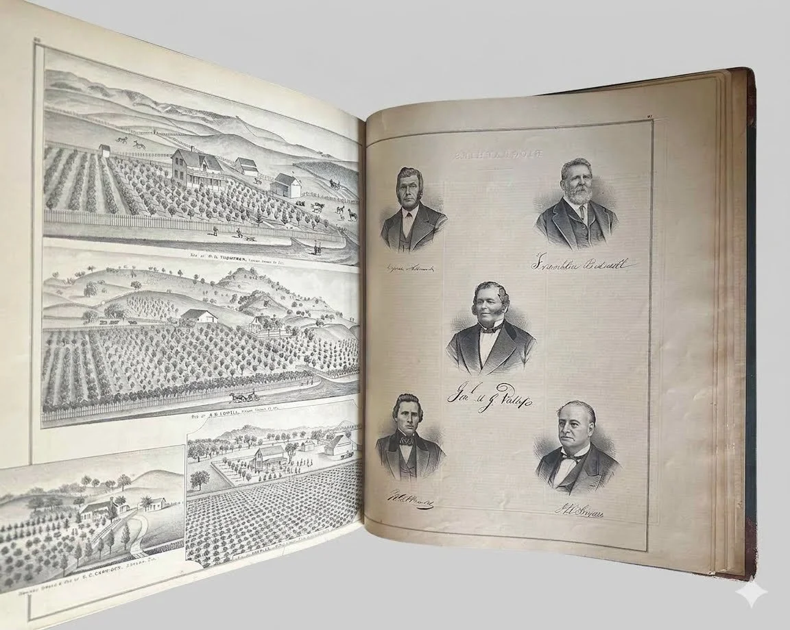 Two pages of a book with drawings of farms and men.