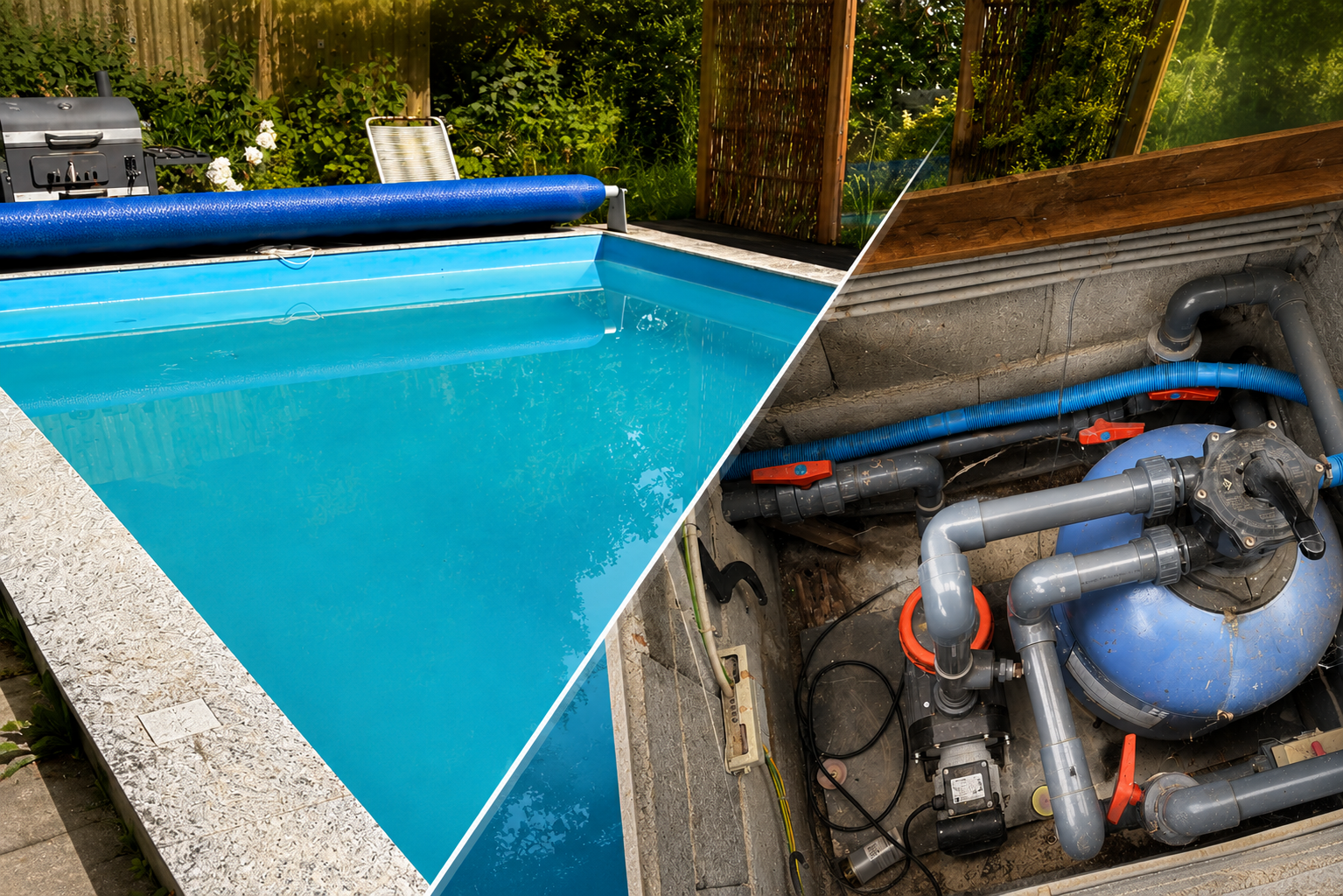 Vergleich eines gepflegten Swimmingpools im Garten mit den unzugänglichen Pools und der Technik im Keller
