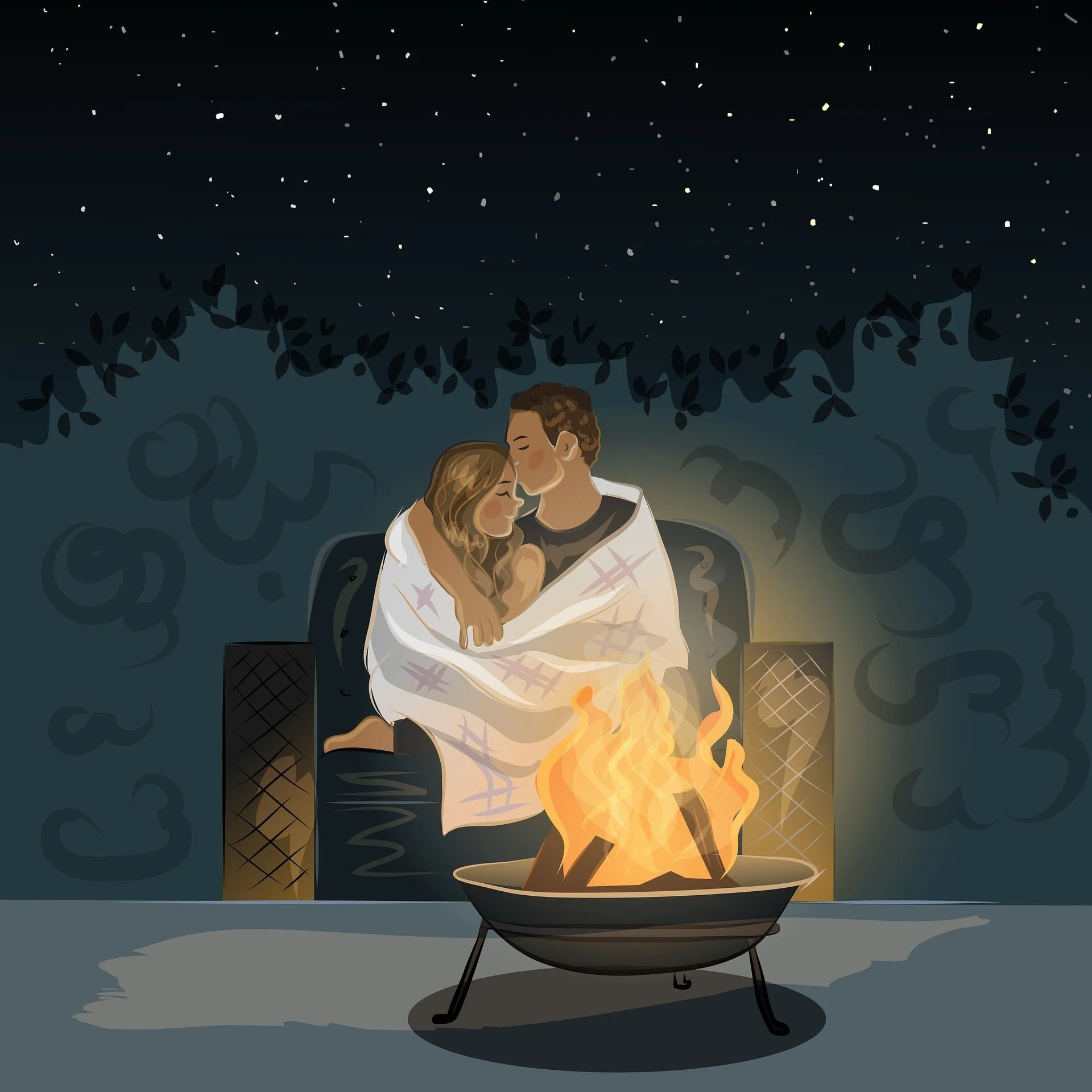 Couple sitting by a campfire outdoors at night, starry sky in background.