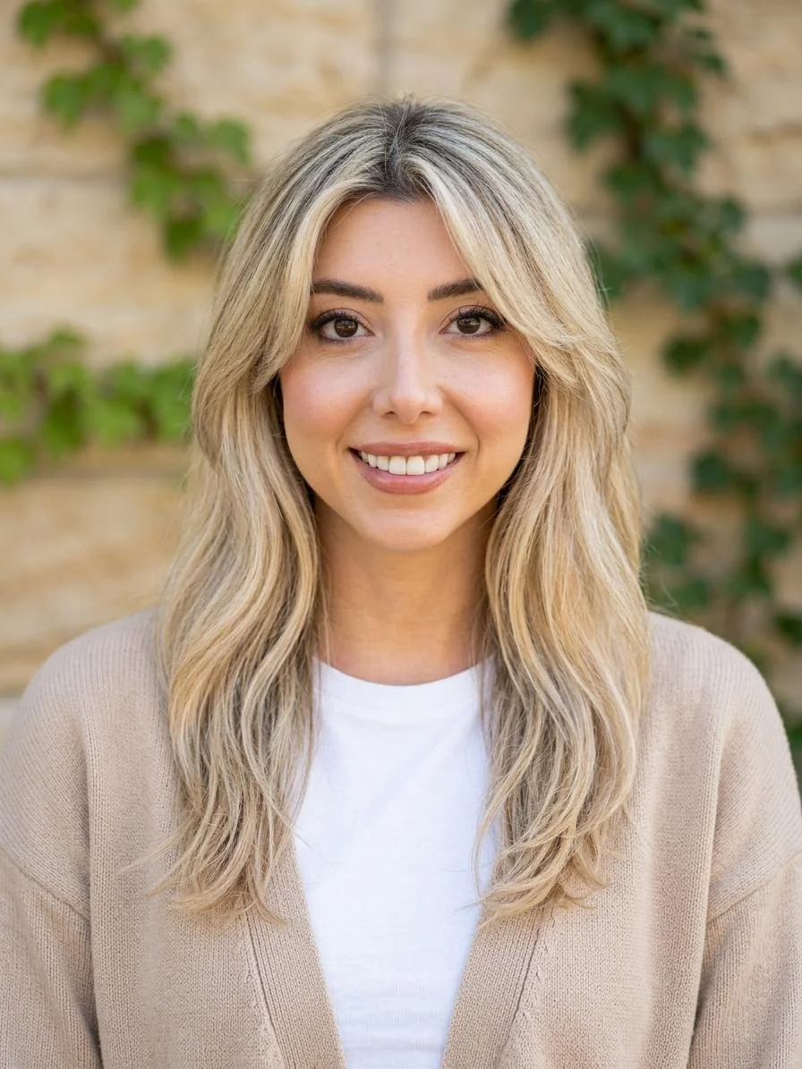 Portrait of a young woman with blonde hair, smiling, wearing a beige cardigan and white top, outdoors with green foliage and a brick wall in the background.