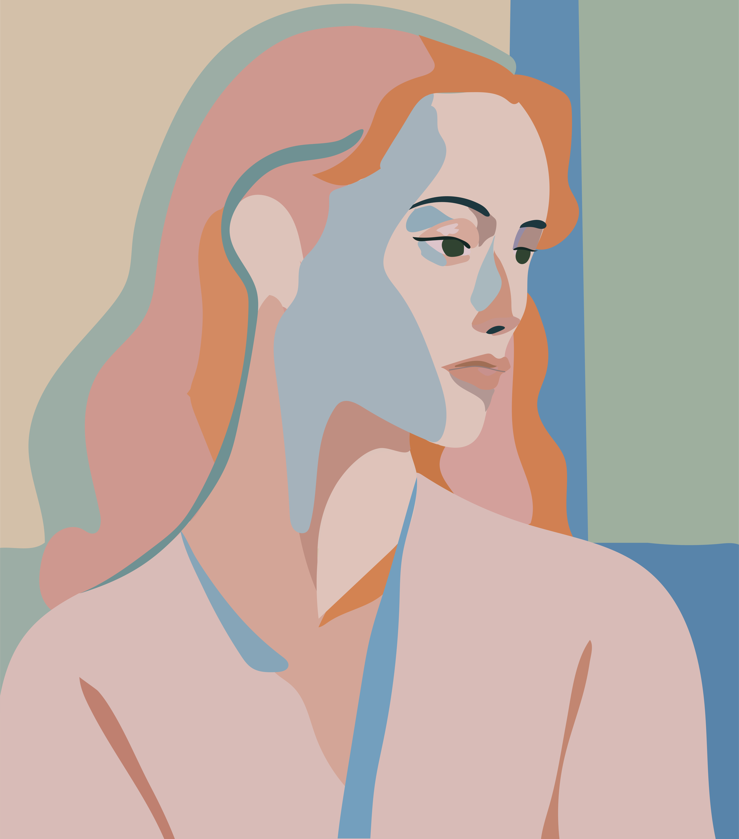 Digital illustration of a woman with long hair, side profile, in a minimalist and abstract art style with muted pastel colors.