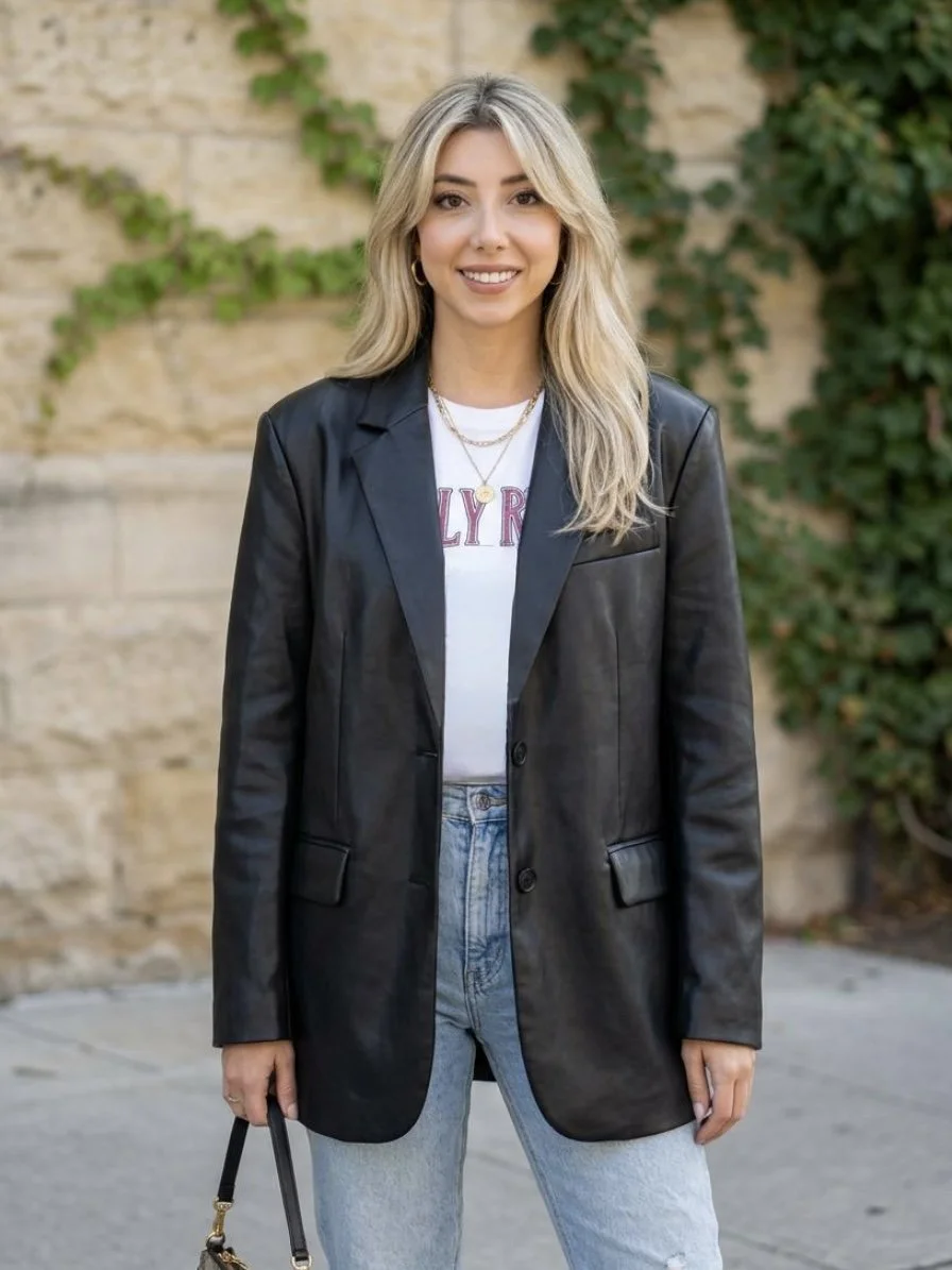A young woman with long blonde hair wearing a black leather blazer, white graphic t-shirt, light-wash jeans, and gold jewelry, standing outdoors with a stone and ivy-covered wall in the background.