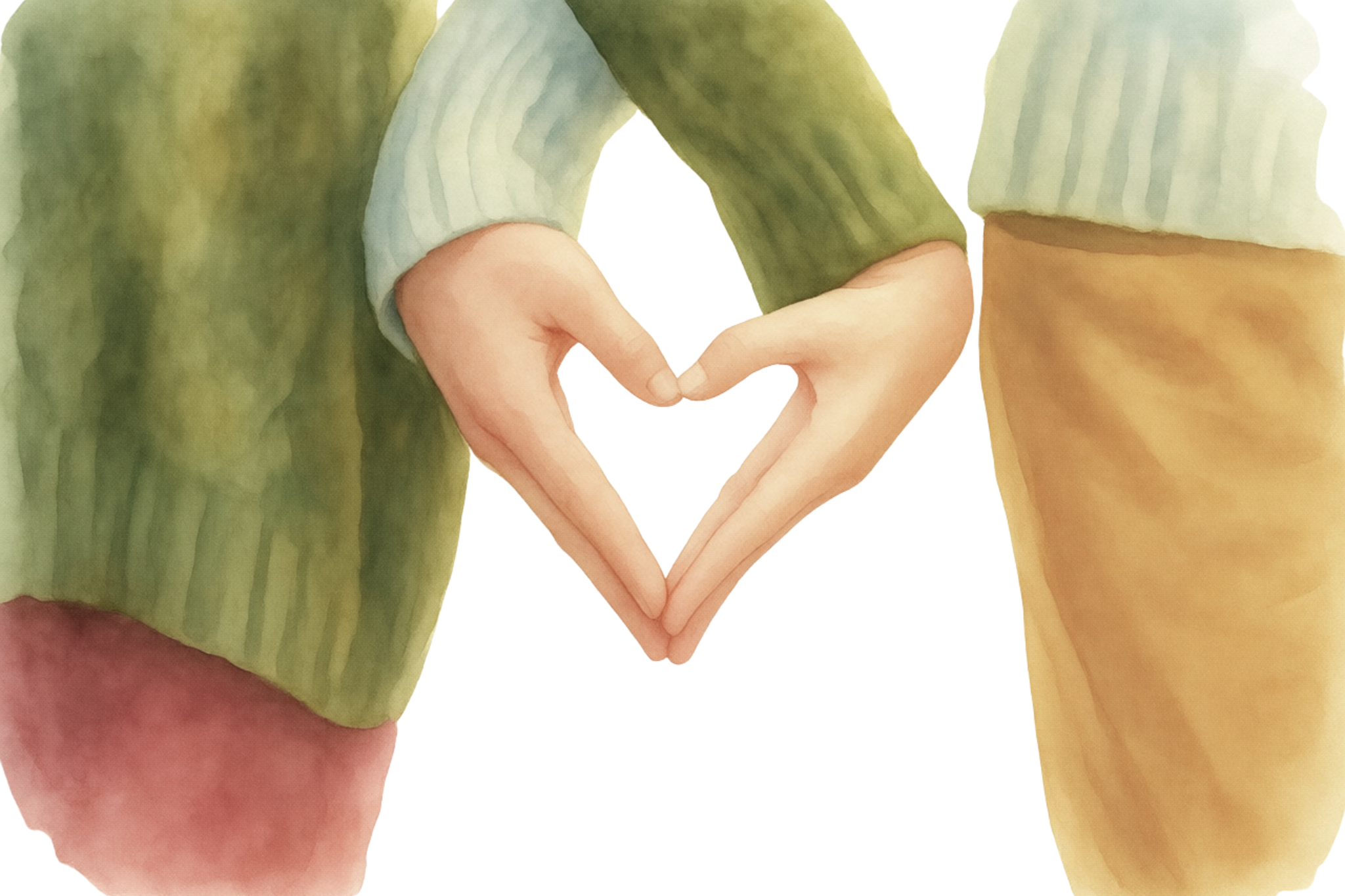 Two hands form a heart shape against a background of part of a person's arm and torso, with visible clothing in green, yellow, and red colors.