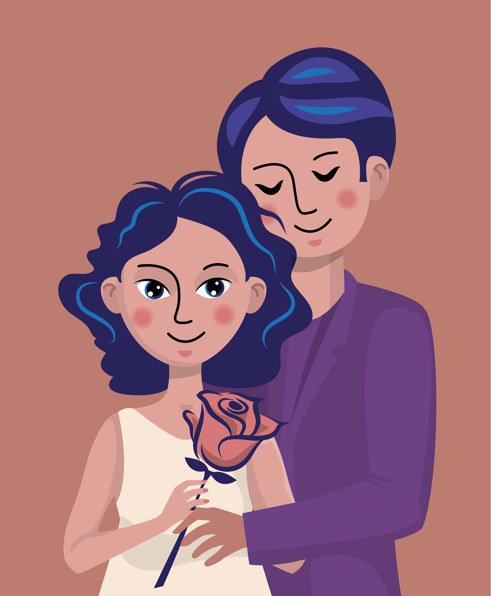 A digital illustration of a woman and a girl with blue hair, embracing and smiling, with the woman holding a flower. The background is a plain brown color.