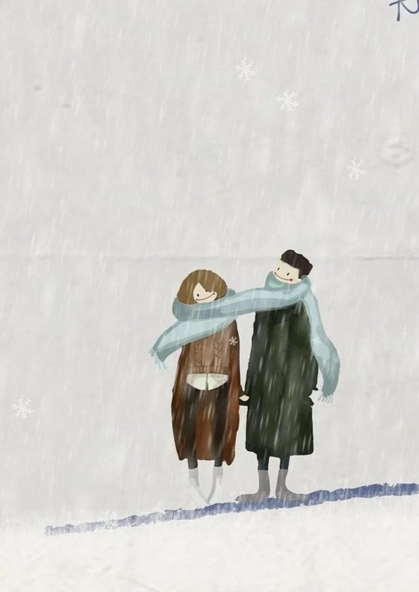 Cute illustration of a couple holding hands and sharing a long blue scarf in a snowy winter setting with snowflakes falling.