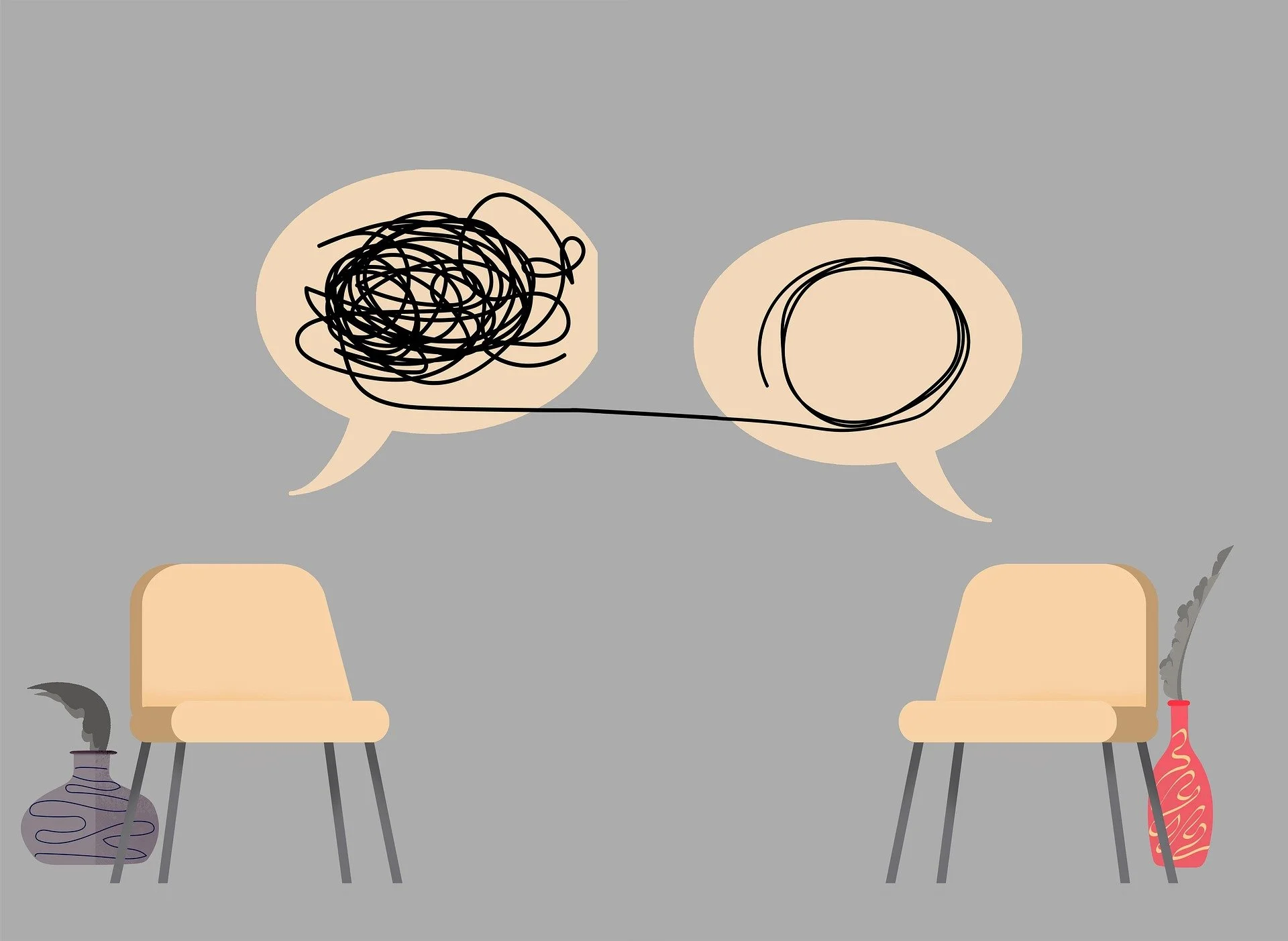 Two empty chairs with smoke coming out of vases, and two speech bubbles with scribbles, on a gray background.