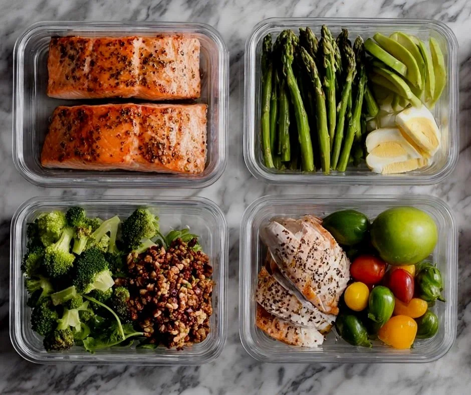 Meal prep containers with salmon, asparagus, garlic and celery, broccoli and lentil salad, and grilled chicken with cherry tomatoes and green apple.