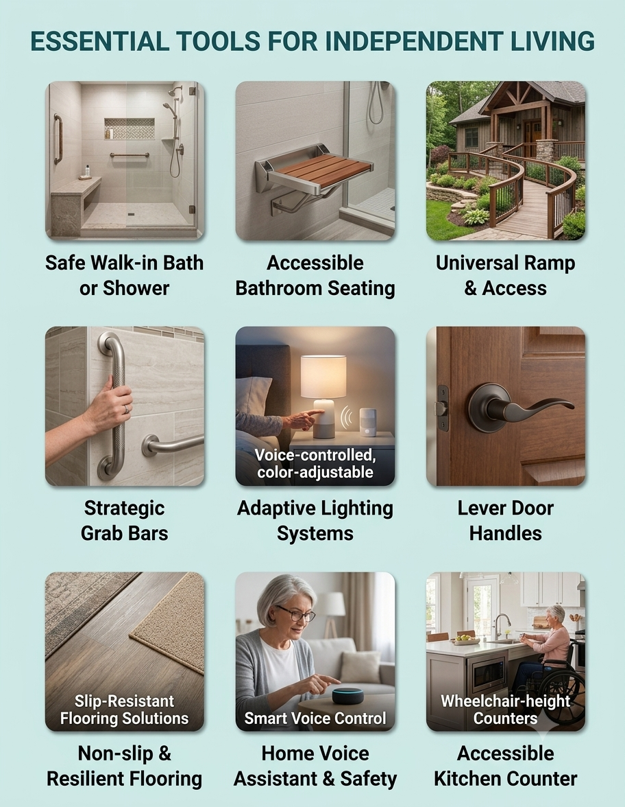 An infographic titled 'Essential Tools for Independent Living' displaying nine images of accessibility and safety tools, including walk-in showers, bathroom seats, a ramp, grab bars, voice-controlled lighting, lever door handles, non-slip flooring, a smart voice assistant, and a wheelchair-accessible kitchen counter.