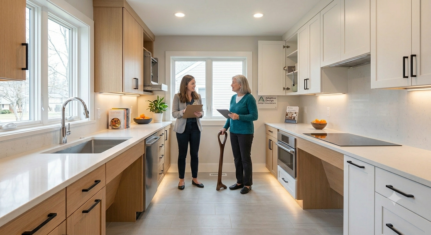 Two women discuss in a bright, modern kitchen with white upper cabinets and wooden lower cabinets. One woman holds a clipboard, and the other woman holds a tablet, standing near a cane.