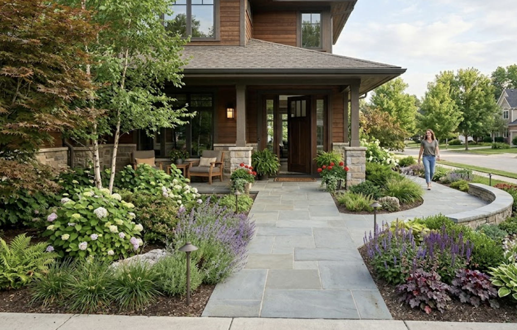 Front porch of a house with wooden siding, stone accents, and a welcoming walkway with landscaped garden beds featuring various green plants and purple, pink, and white flowers. A woman walks along the sidewalk past the house.