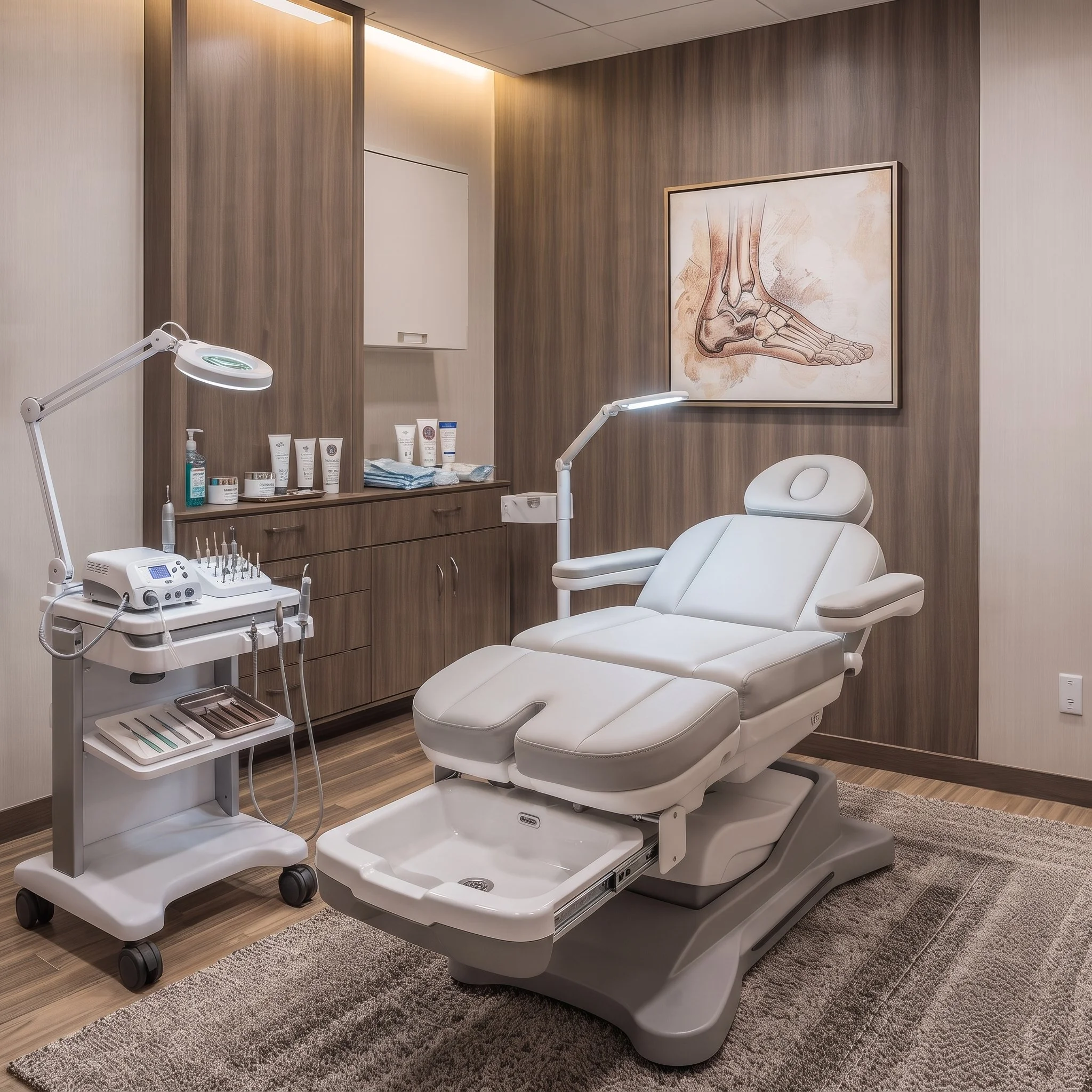A dental examination room with a dental chair and treatment equipment. There is a framed diagram of a foot on the wall. The room has wood-paneled walls and a work surface with dental products.