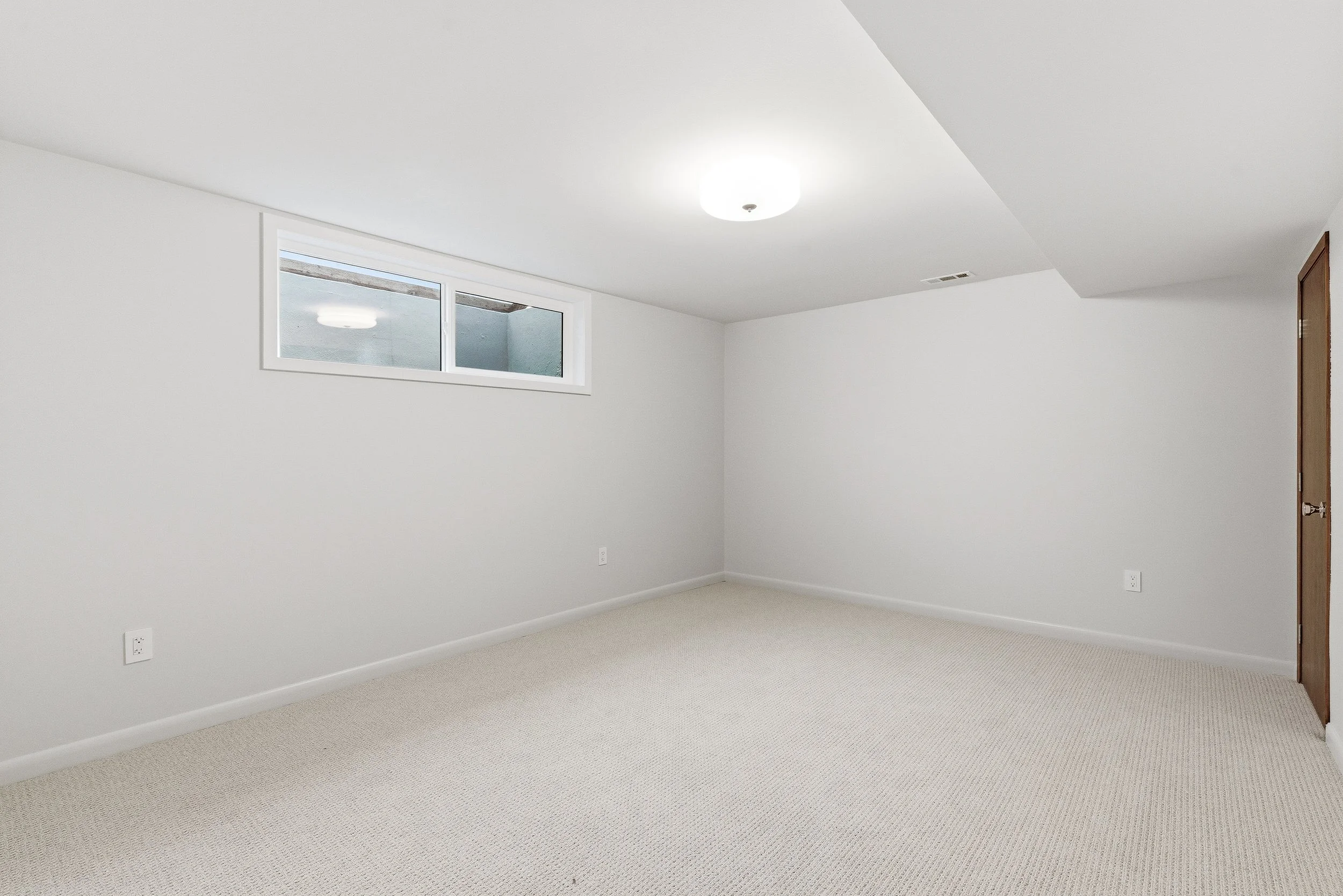 Empty white room with window, ceiling light, beige carpet, and a wooden door.