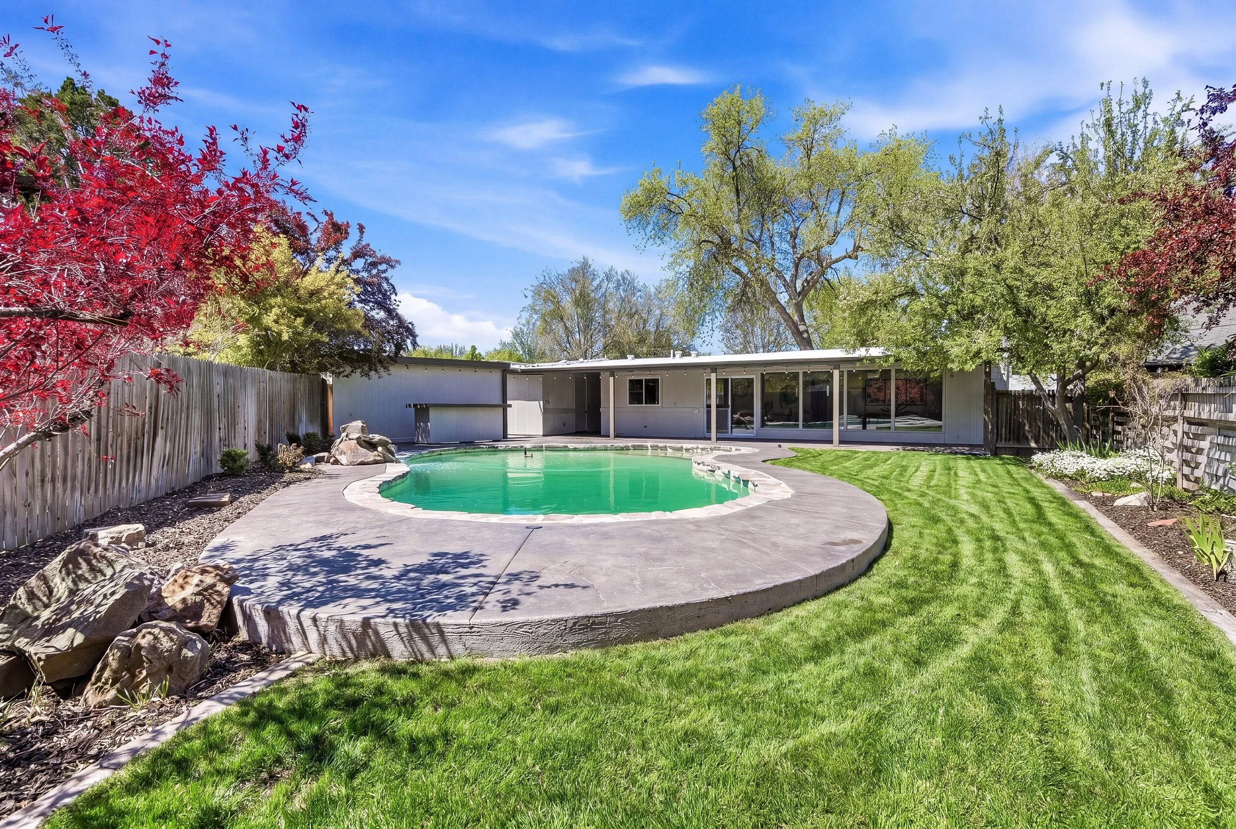 Backyard with a kidney-shaped swimming pool, surrounded by a concrete deck, a wooden fence, lush green grass, and trees with red, green, and purple foliage under a blue sky.