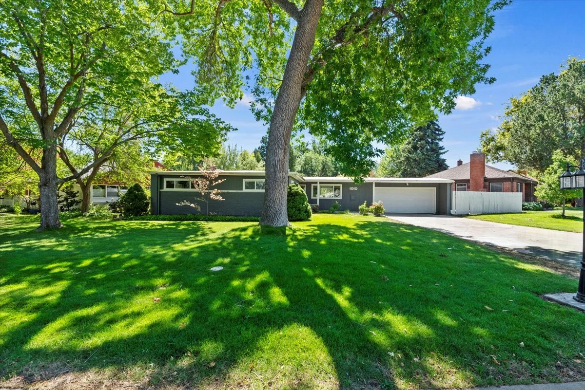 A house with a gray exterior and white garage door surrounded by green trees and a well-maintained lawn under a bright blue sky.