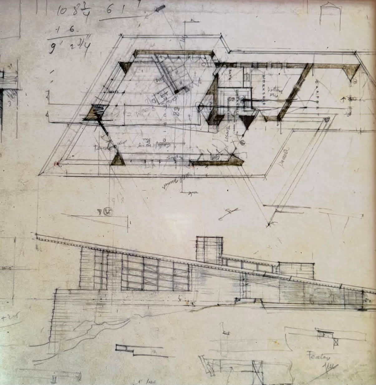 Frank Lloyd Wright's original floor plan and elevation view of Teater's Knoll