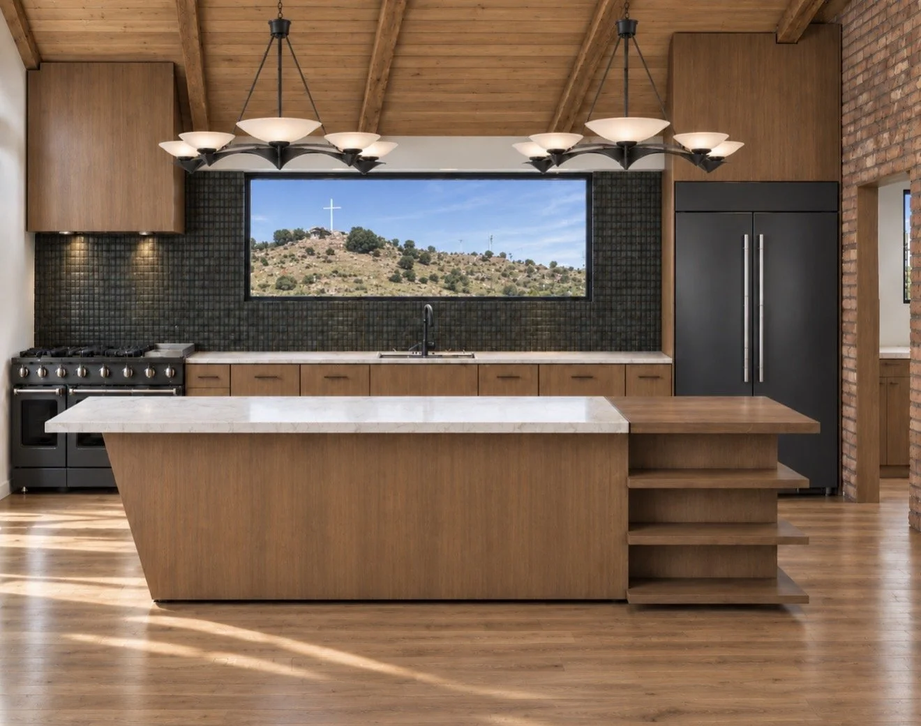 Proposed kitchen rendering. The developing design brings the view, timber ceiling and gathering island into the kitchen. This is a design study, not completed construction.
