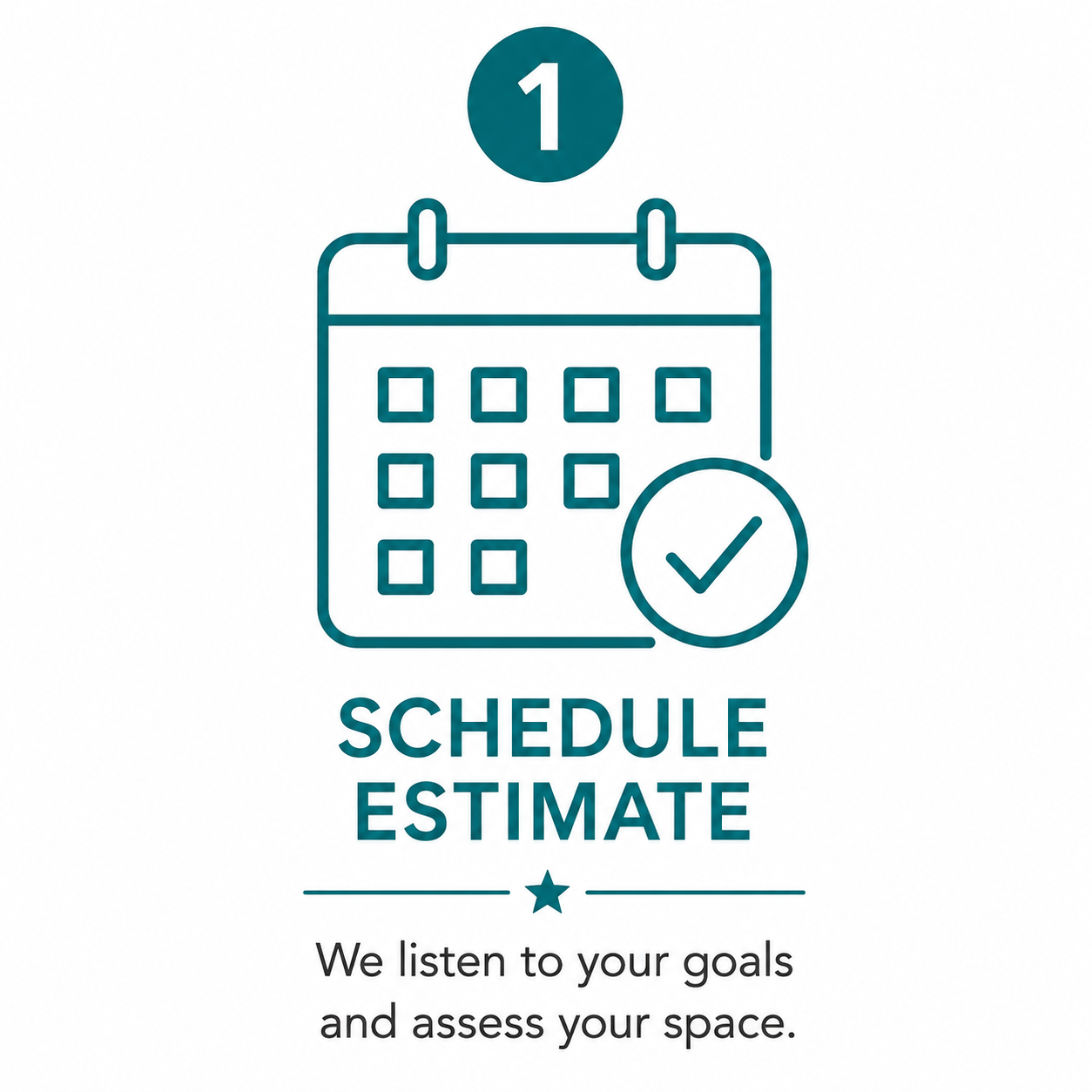 Icon of a calendar with a checkmark, with the text 'Schedule Estimate' and a smaller message below that says 'We listen to your goals and assess your space.'