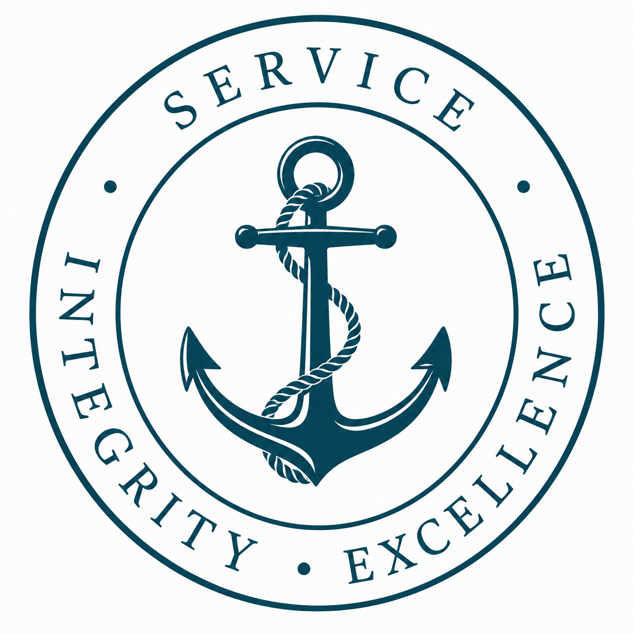 A circular emblem with an anchor and rope in the center, surrounded by the words 'Service, Integrity, Excellence'.