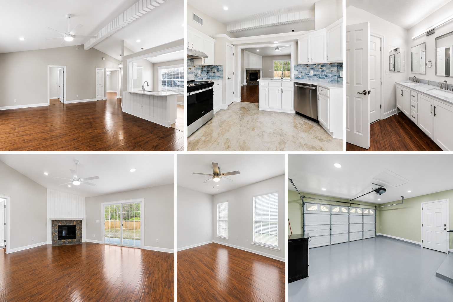 A collage of interior photos of a house, including a spacious living room, a kitchen with white cabinets and a tile backsplash, a bathroom with double sinks, a living room with a fireplace and large sliding glass door, a room with multiple windows and hardwood floors, and a garage with a sectional door and light green walls.