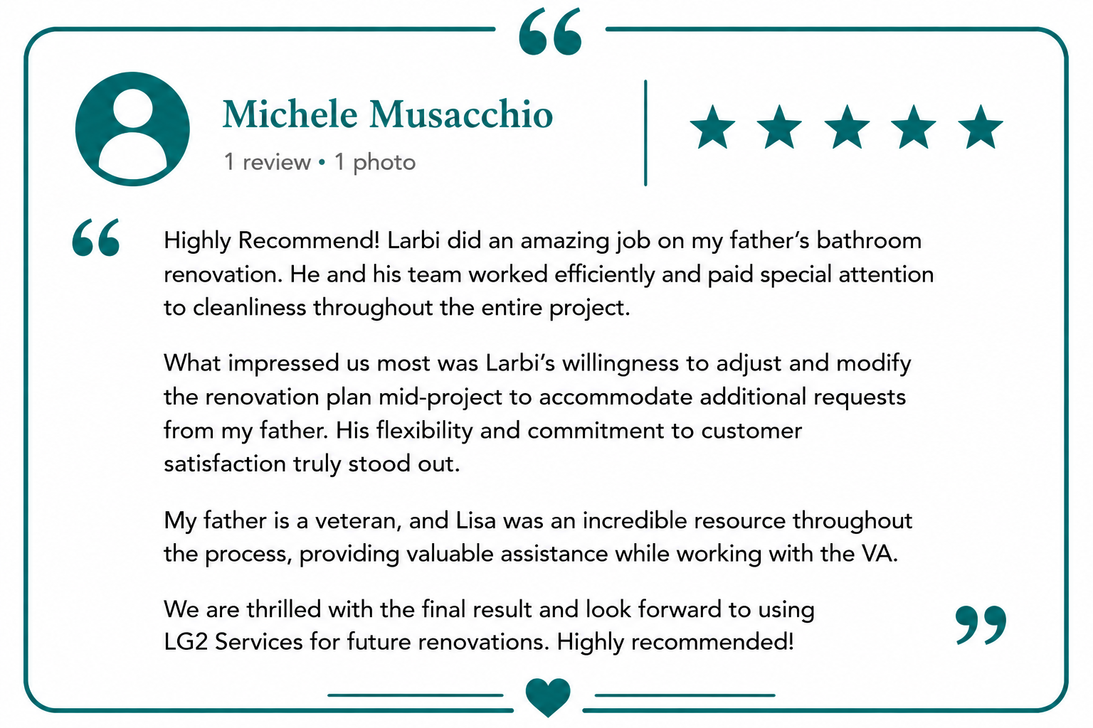 Screenshot of a five-star Google review from Michelle praising LG2 Services for a professional bathroom remodel, quality craftsmanship, excellent communication, and outstanding customer service in Jacksonville, Florida.