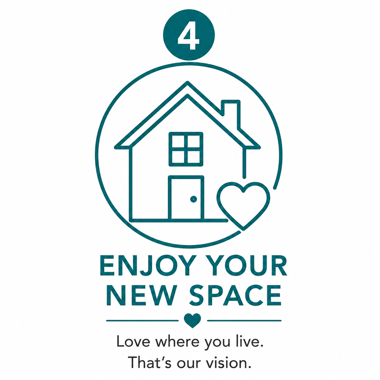 A graphic with a house, a heart, and the number 4 inside a circle at the top. Text reads, "Enjoy your new space. Love where you live. That’s our vision."