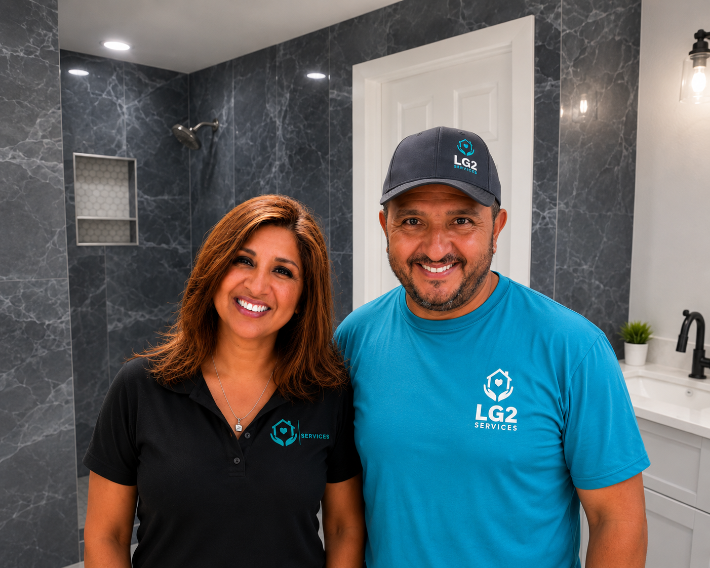 A smiling woman and man standing in a modern bathroom, wearing LG2 Services uniforms.