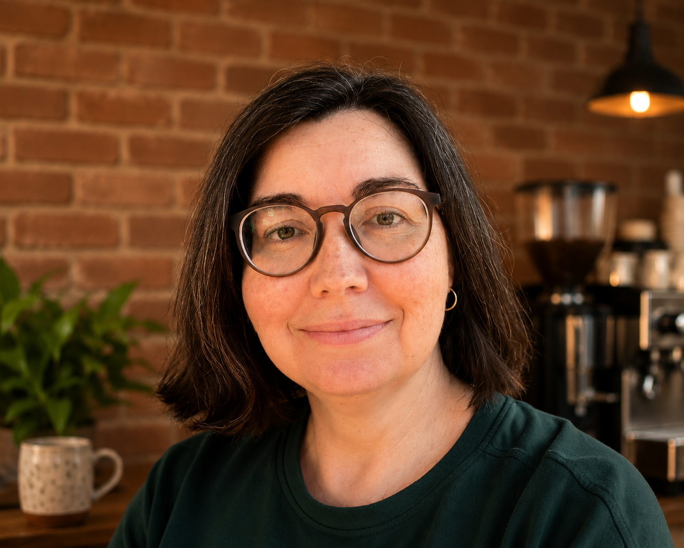 A woman with dark hair and glasses smiling inside a coffee shop with a brick wall background, a plant, and coffee equipment.