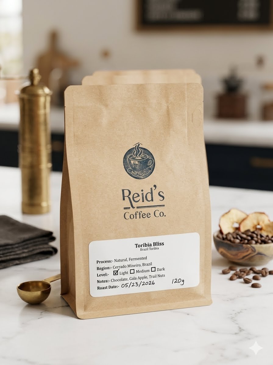 Brewed coffee beans in a bag from Reid's Coffee Co. with notes of chocolate, Gala apple, and trail nuts, dated 05/23/2026, on a white countertop with a small bowl of coffee beans and apple slices nearby.