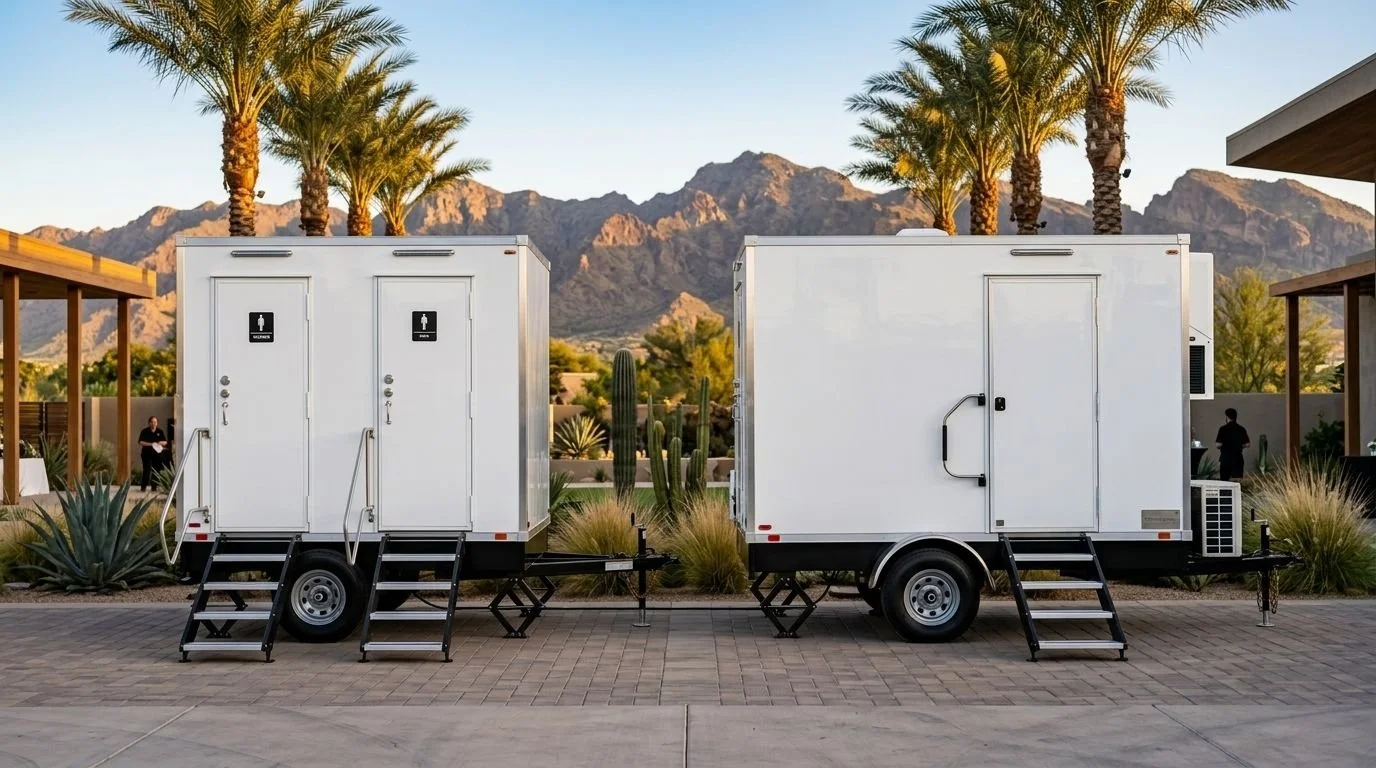 Two mobile bathroom trailers with stairs, set against a desert background with mountains, palm trees, and cacti.