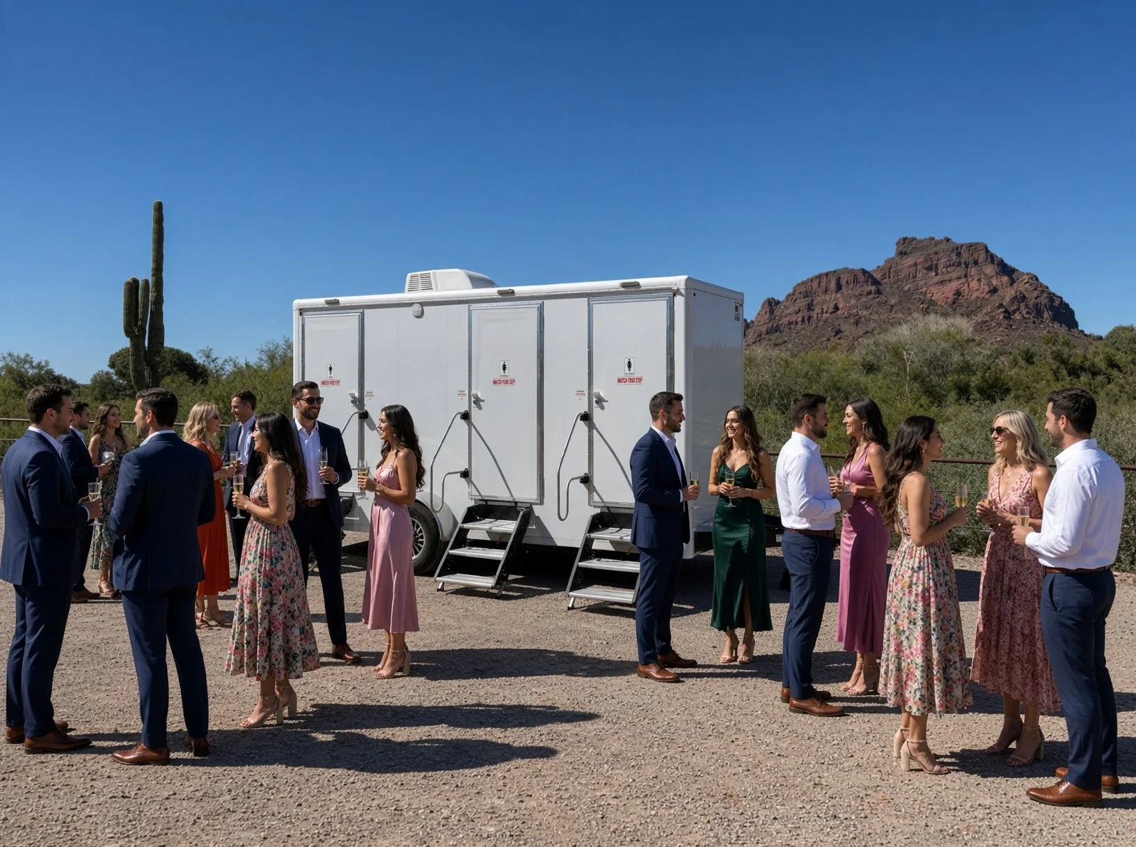 Outdoor market with vendor booths, food truck, and people walking in desert landscape with mountains in the background.
