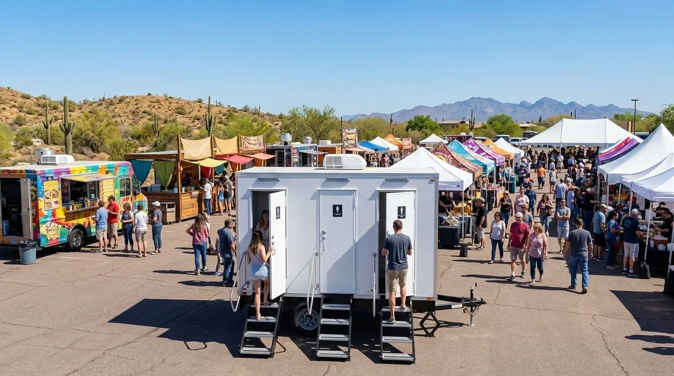 Outdoor market with vendor booths, food truck, and people walking in desert landscape with mountains in the background.
