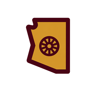 Icon of the state of Arizona with a wheel symbol in the center on a black background.